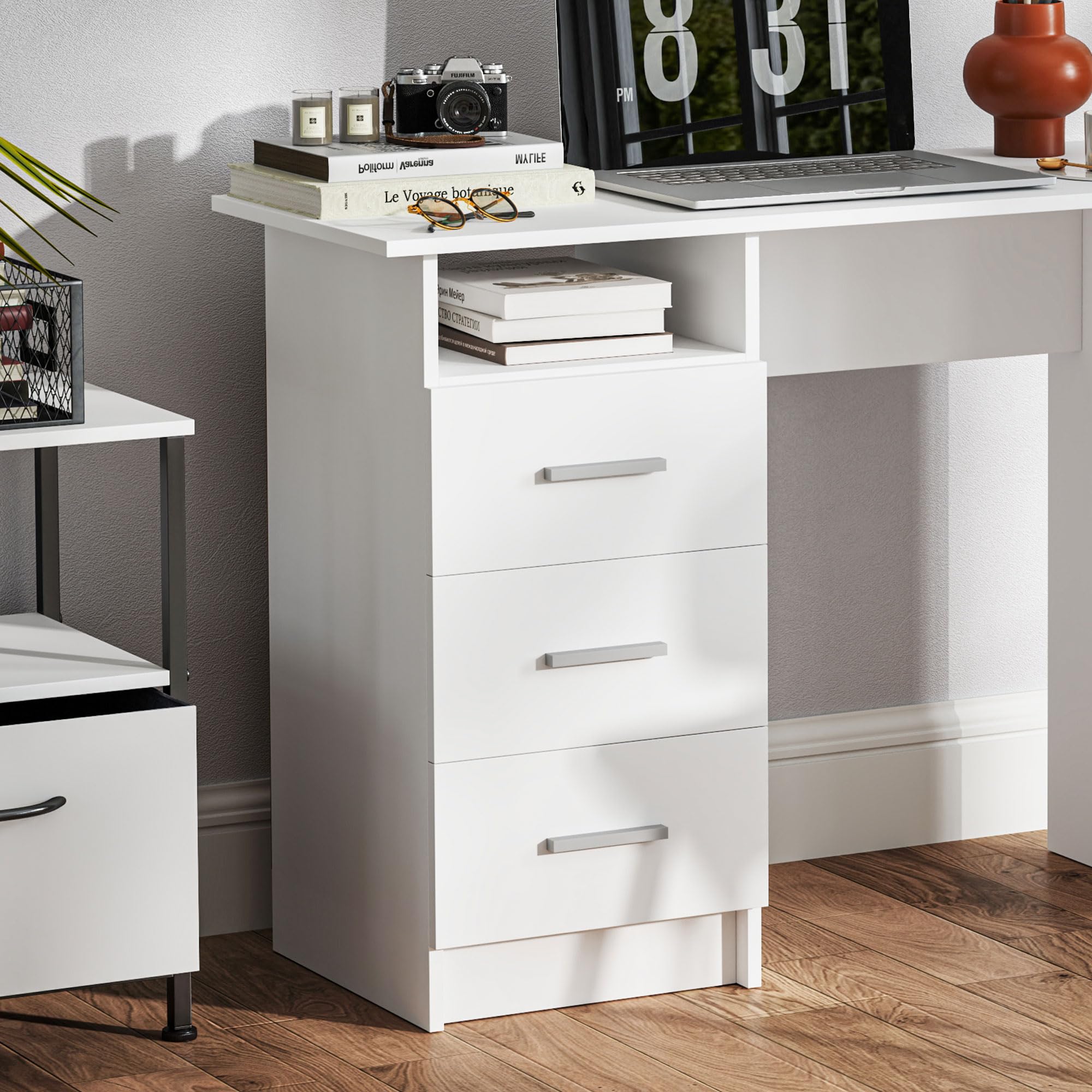 HOMCOM Scrivania Salvaspazio Moderna 3 Cassetti 100x40x75 cm Bianco | Ripiano Aperto, Scrivania con Cassetti in Legno, per Ufficio Studio Camera da Letto