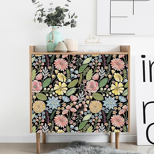 Miniatura 2 de FunStick Papel tapiz de flores negras, papel tapiz de margaritas vintage oscuras, para despegar y pegar, amarillo, rosa, verde, azul, autoadhesivo,