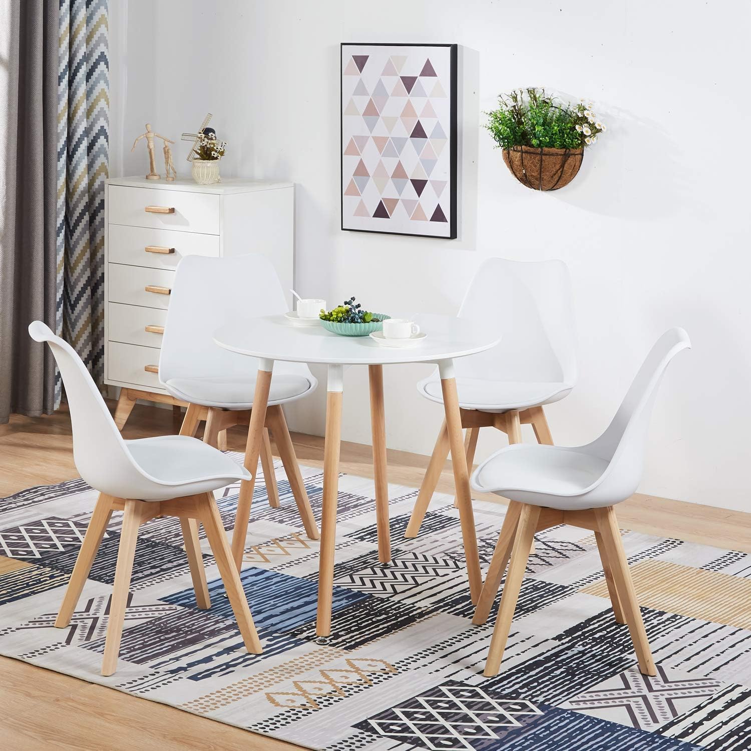Sillas de Comedor, Sillas de Cocina con Respaldo Ergonómico, Asiento Acolchado Tapizado y Patas de Madera Maciza de Haya (Blanco, 4 Sillas)