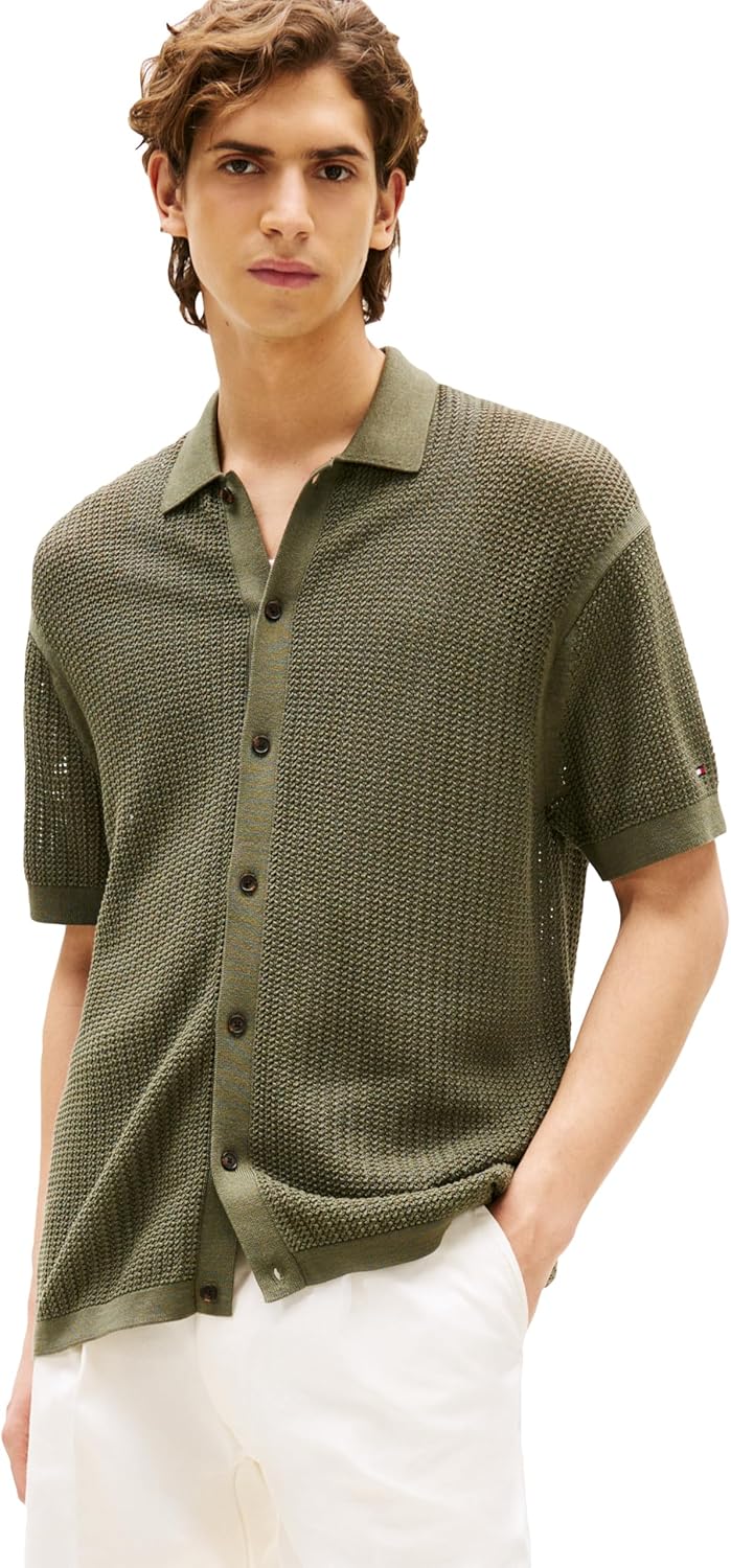 Tommy Hilfiger Mens Short Sleeve Knit Button Down Shirts in Regular Fit, Men's Casual Button Down Summer Shirts