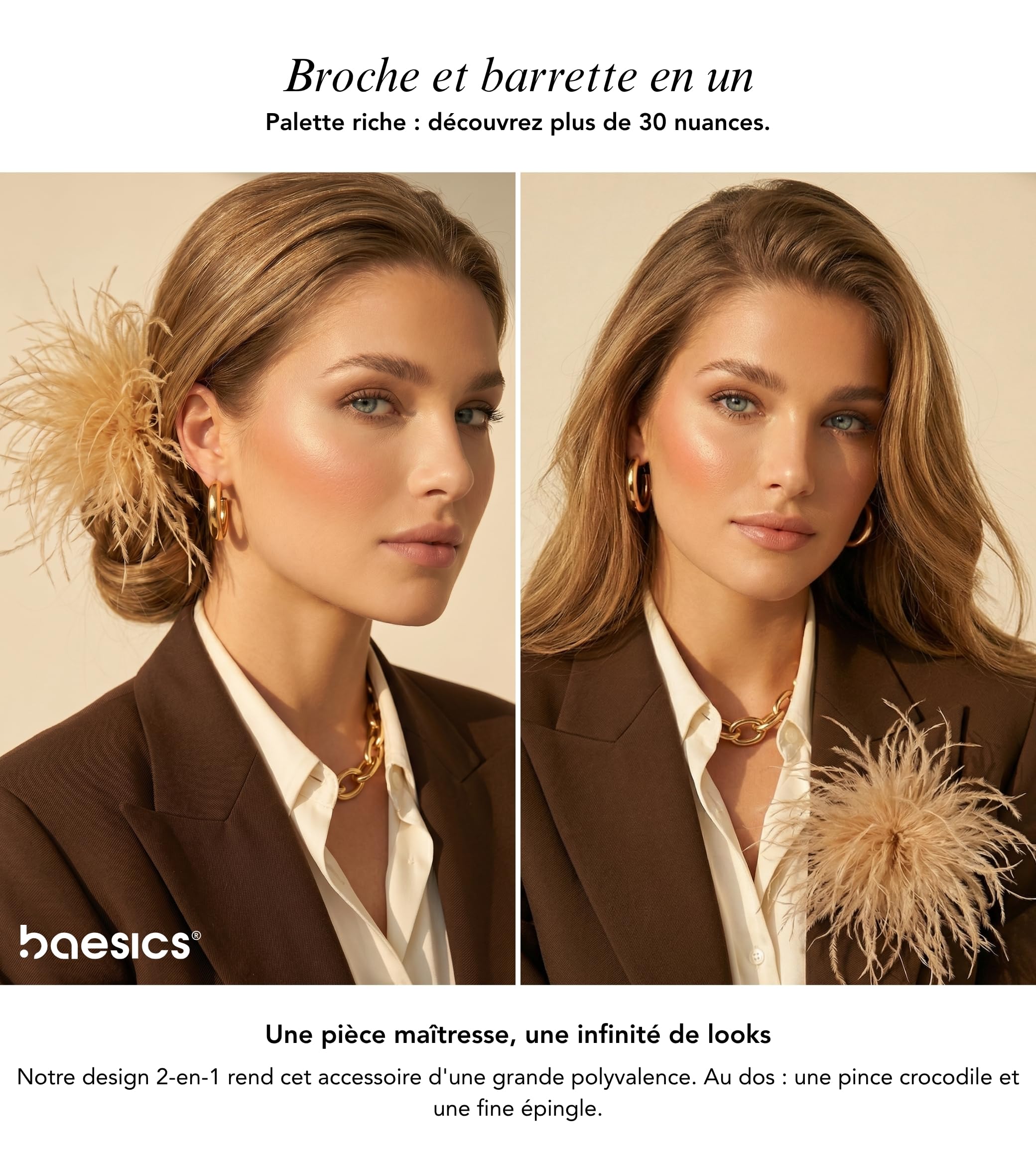 Baesics Broche à plumes pour femme - Plume d'autruche Fluffy - Broche à clipser - Vintage pour mariage, mariée, carnaval, blazer