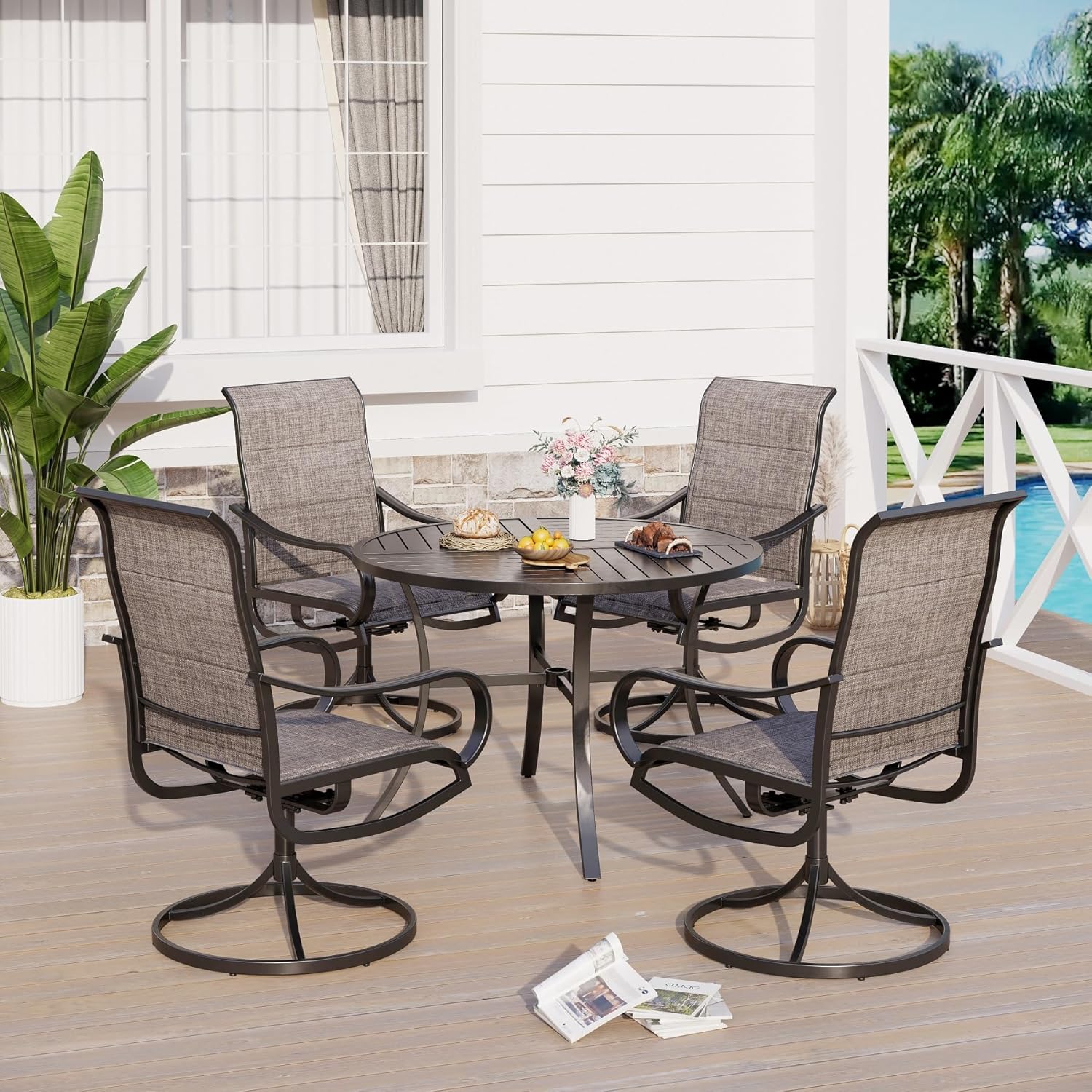 Sophia & William Patio Sets 5 Pieces Patio Dining Set for 4, Textilene Swivel Dining Chairs Padded with Round Metal Dining Table Outdoor Dining Furniture All Weather Textilene for Garden Porch