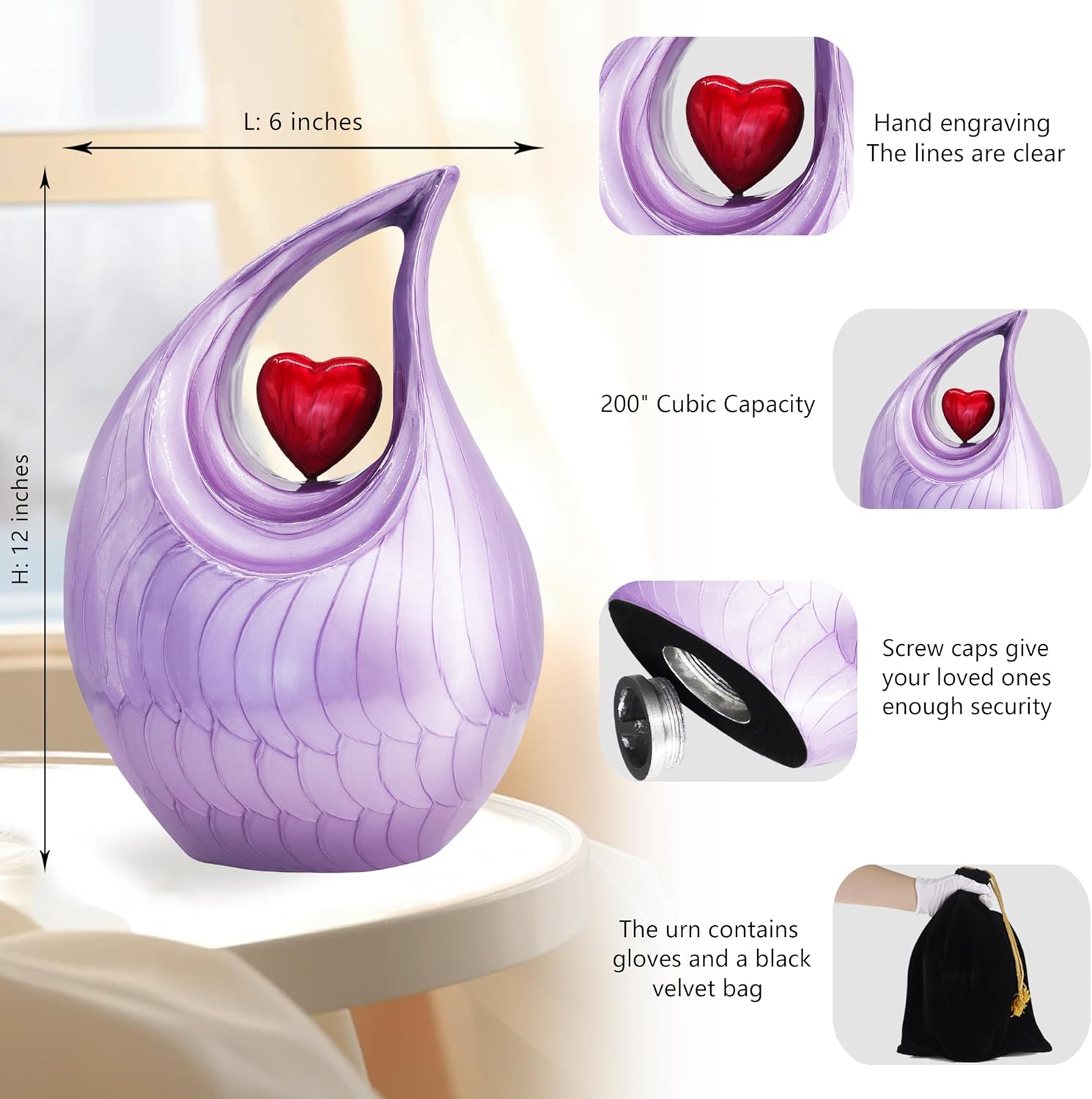 M MEILINXU Cremation Urns for Human Ashes Adult Female & Male, Funeral Urn for Ashes for Women & Man, Tear Drop Decorative, Burial Urn, Red Heart and Purple Teardrop - Large Full Size - Image 2