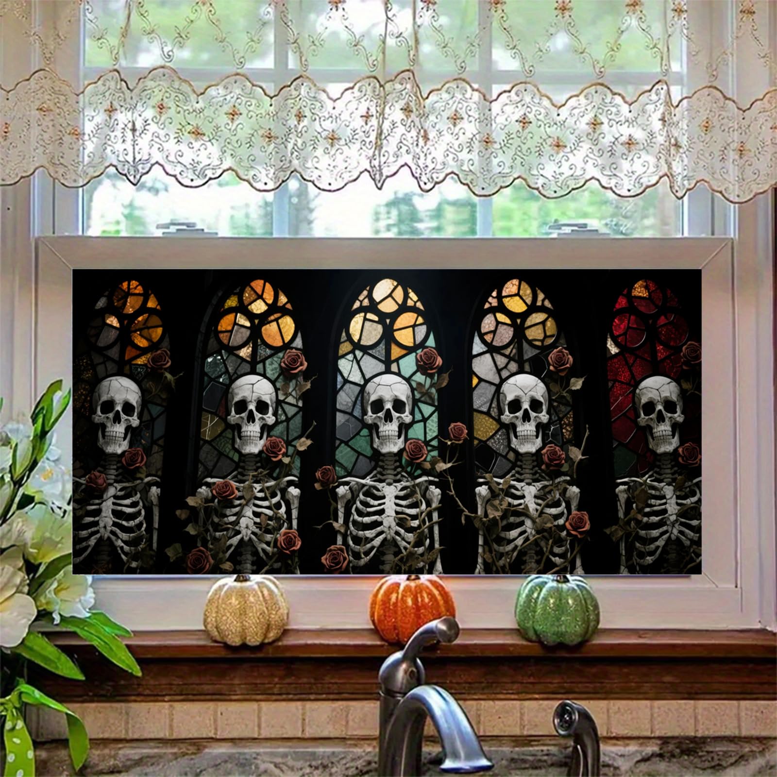 Hometitute Colorful Stained Glass Skull Window Privacy Film 39.3X17.7 Inch Gothic Halloween Skeleton Cling Static Window Sticker And Decal For Haunted House Halloween Party And Scary Home Decor