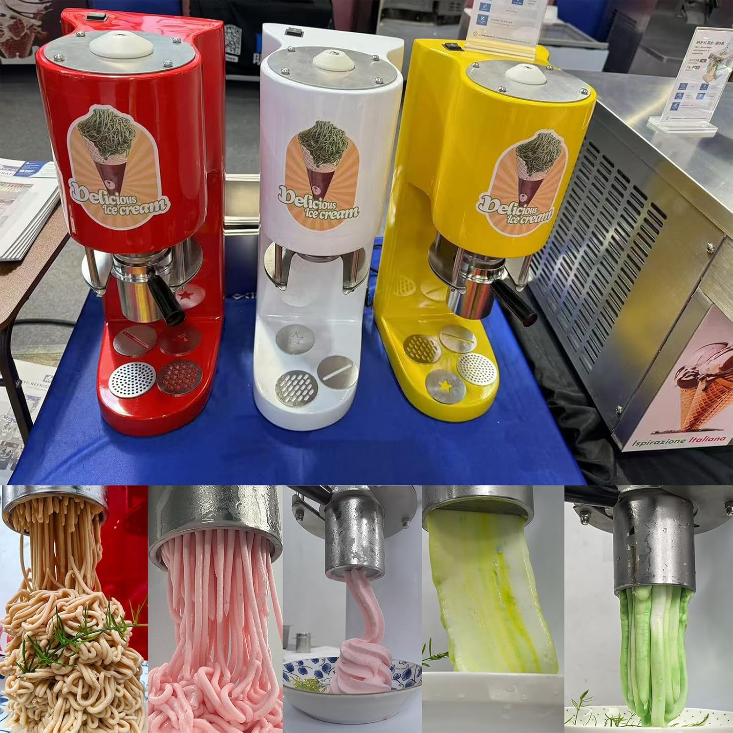 Ice Cream and Soft Serve Maker, Commercial Spaghetti Ice Cream Press with 4 Shape Molds, Electric Ice Cream Noodle Maker for Dessert Shop & Home White