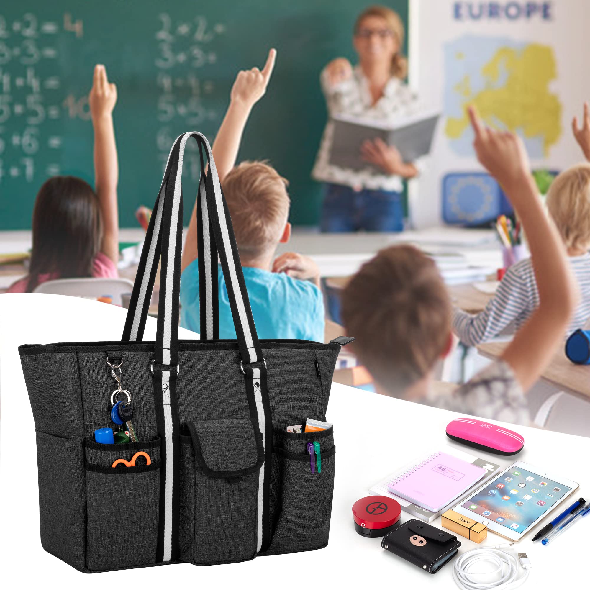 CURMIO Borsa da Lavoro per Insegnanti con Supporto Inferiore, Nero | Grande Tote da Donna, Scomparti per PC fino a 15,6", Tasche Multiple, per Materiale Insegnanti e Scolastico, Borsa Vuota
