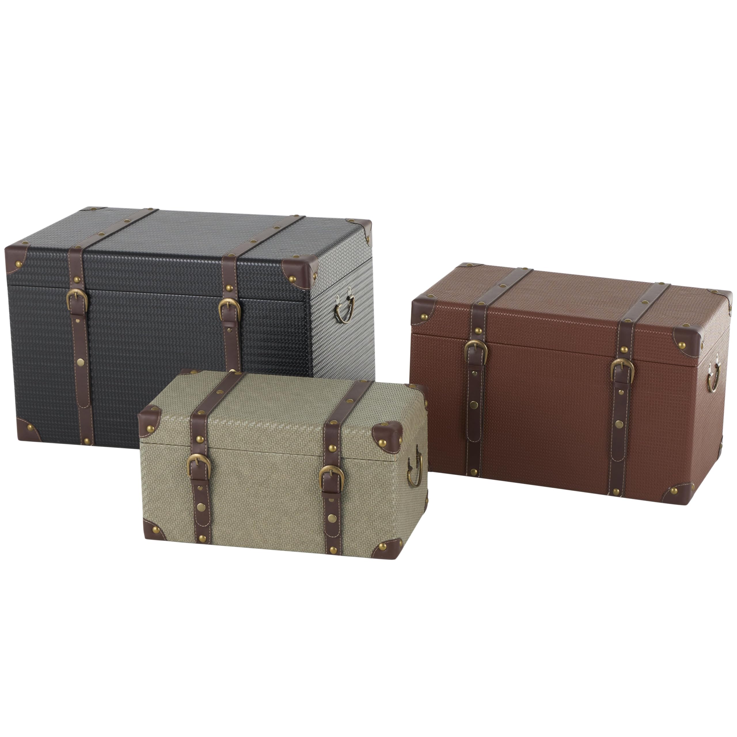 Deco 79 Wooden Decorative Trunk Vintage Studded Woven Storage Decorative Large Boxes with Brown Buckle Straps, Set of 3 Storage Trunks 24", 21", 18"H, Multi Colored