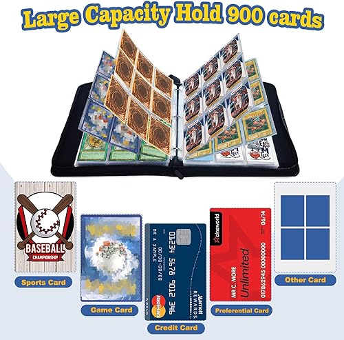 Miniatura 3 de CTPOKO Carpeta de tarjetas para tarjetas intercambiables, tarjetero con 9 bolsillos, 50 fundas extraíbles, 900 tarjetas con cremallera, carpetas