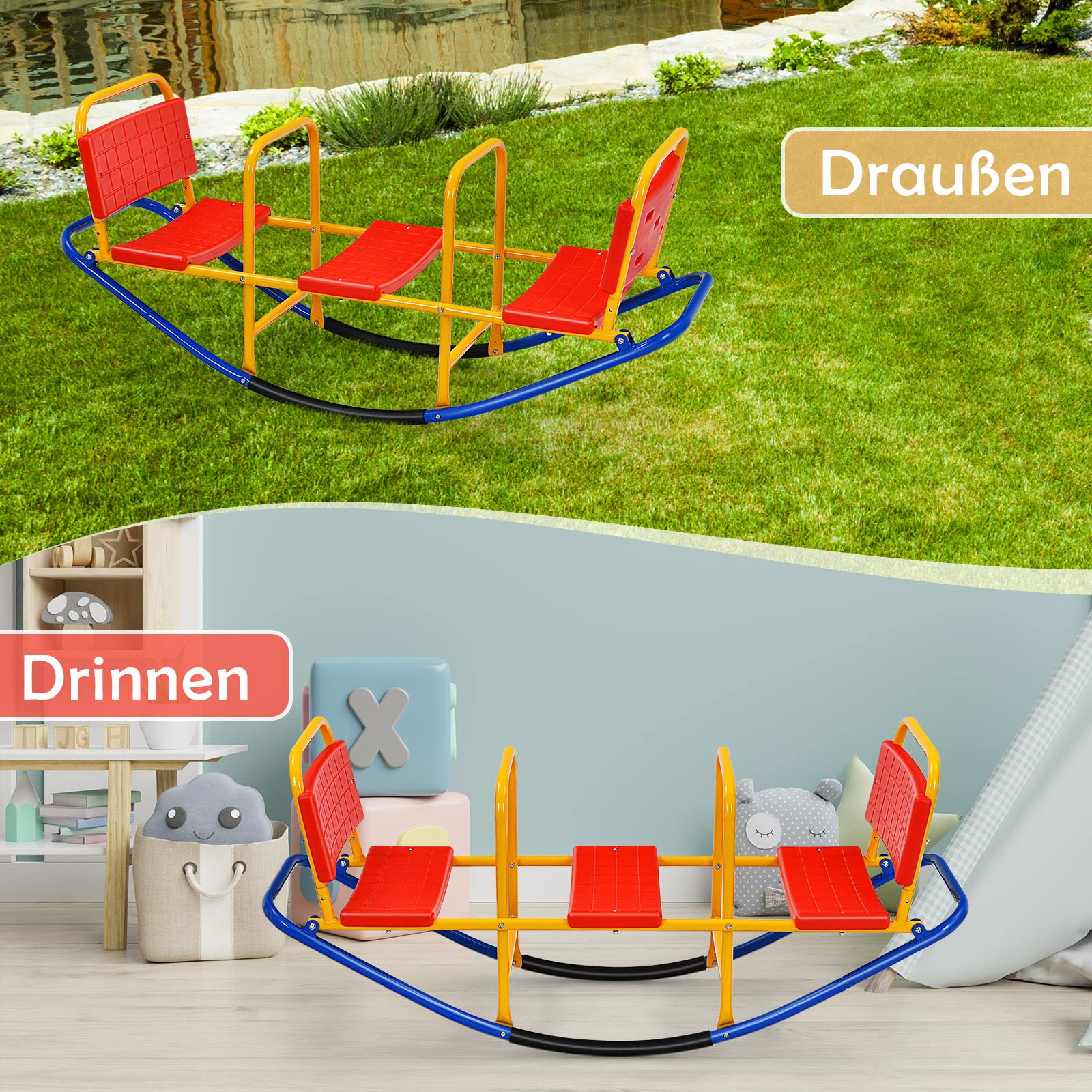 GOPLUS Schaukelwippe mit 3 Sitzen, Kinderschaukelstuhl aus Kohlenstoffstahl, für Kinder 3-8 Jahre bis 100 kg (Rot)