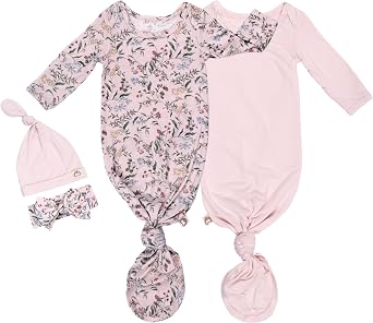 2-Pack Knotted Baby Gowns & Caps - Hospital Outfit Sleep for Girls & Boys, Easy Tie Sleeper Gowns