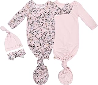 2-Pack Knotted Baby Gowns & Caps Newborn (Girl) - Soft Hospital Outfit Sleep for Babies, Easy Tie Sleeper Gowns, Going Home Outfit for Baby Nightgowns - Designed in France, Pink & Botanical