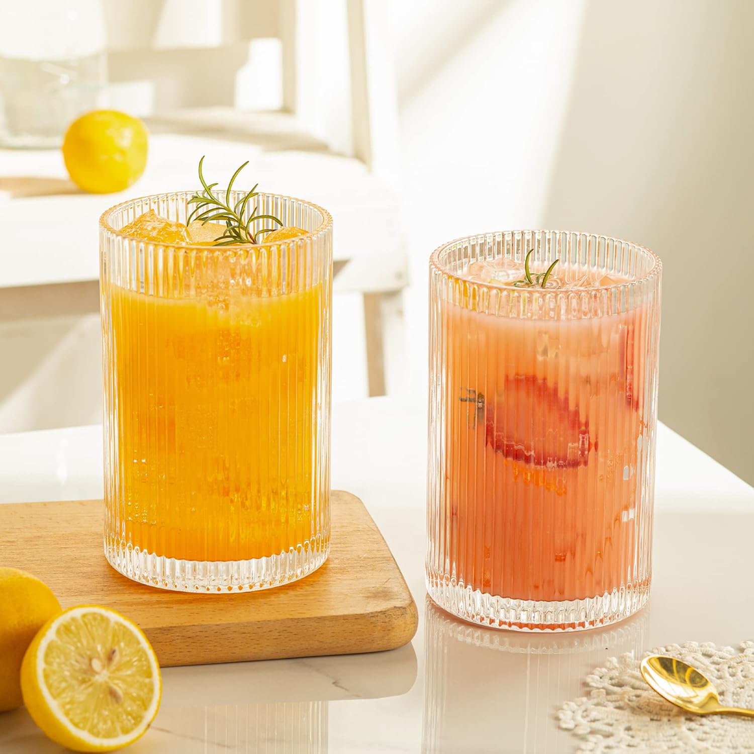 Vintage Ribbed Glassware Set: 4pcs 16.9oz XL Drinking Glasses, Fluted Ripple Drinkware, Origami Style, Elegant Glassware for Whiskey, Cocktail, Iced Coffee, Juice, Beer, Soda - Image 5