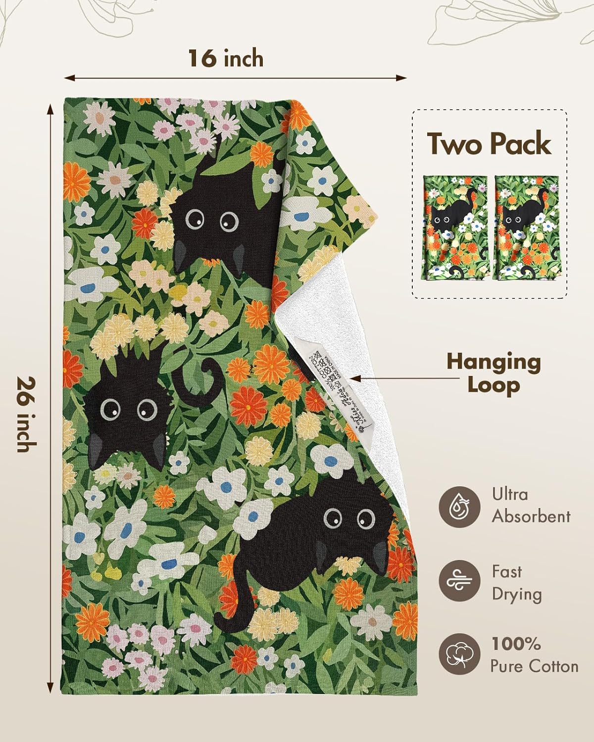 Cotton Kitchen Towels Set of 2 - Cute Design 16×26 Inch Dish Towels for Kitchen with Hanging Loop Black Cats Quick Dry Hand Towels Soft & Absorbent, Home Decorative, Terry Cloth Tea Towels - Image 4