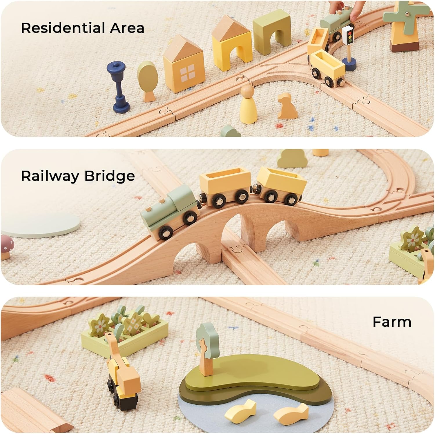 OOOK Multi-Scenario Wooden Train Set,All Wood Accessories Train Set for Toddlers 3 Years Old, Multi-Scenario Train Toy for 3 4 5 Years Old Girls & Boys - Image 6