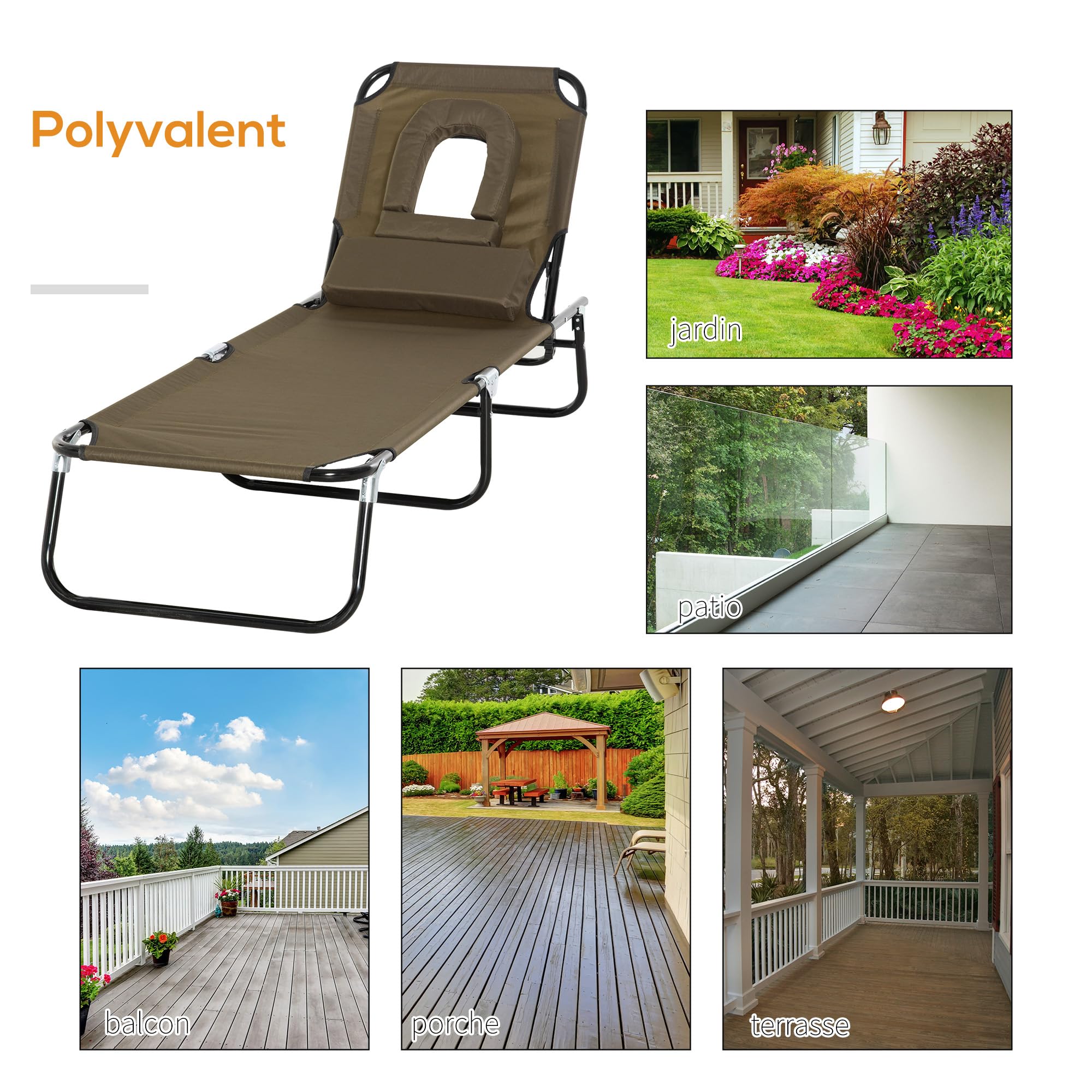Outsunny Bain de Soleil Chaise Longue Pliante 190x56x28cm Marron | Appuie-Tête, Trou de Lecture, Transat Inclinable 4 Positions, Oxford 600D, Jardin Extérieur, Camping, Piscine, Terrasse