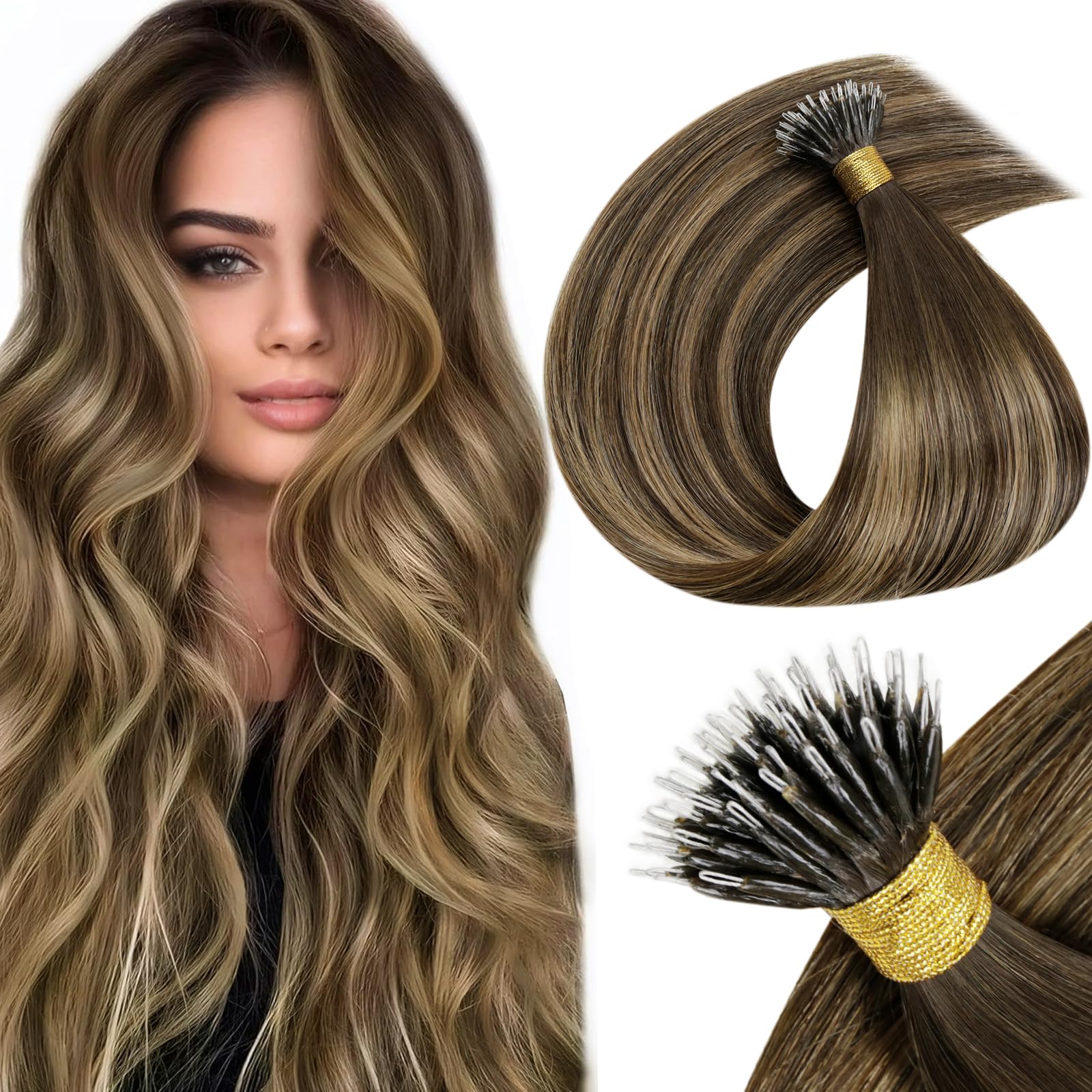 LaaVoo Nano Hair Extensions Real Human Hair 100g Full Head Nano Beads Hair Extensions Balayage Dark Brown to Medium Blonde Invisible Nano Ring Straight Remy Hair 100s 20 Inch #4/27/4