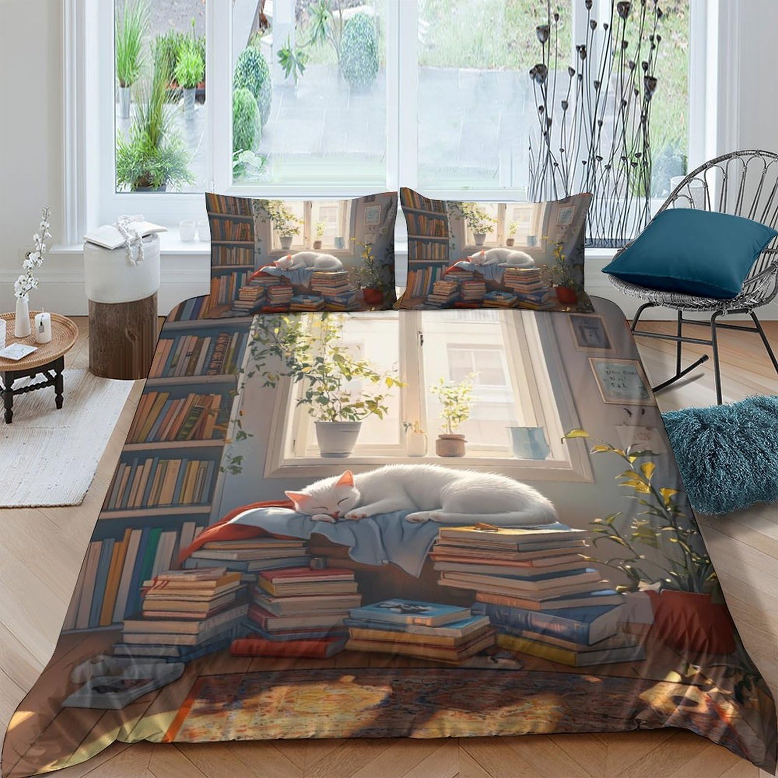 Ctjqhvkz Style-10 3D Printed Sunlit Reading Cat Fitted Sheet Microfiber Soft Breathable Book Stack Bed Cover For Bedroom Decor Single（135X200cm）
