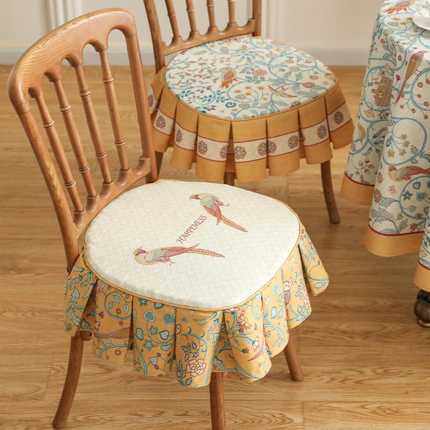 patdrea Pack of 2 Chair Cushions for Dining Chairs with Ruffled, Yellow Birds Seat Cushion with Ties,Removable,Non Slip Chair Pads Decor for Bar Stool Cushions, Indoor Kitchen Chairs, 17.7"x17.7"