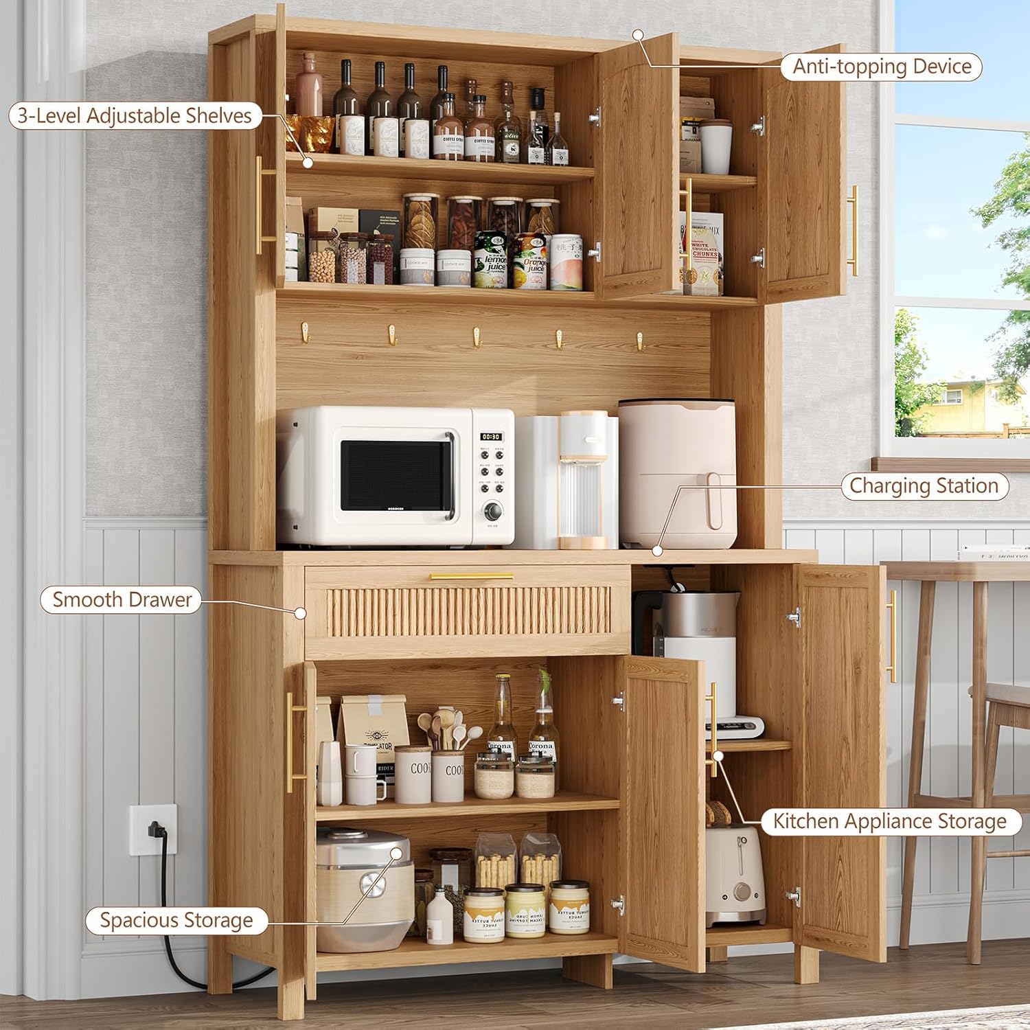 Fluted Kitchen Pantry Storage Cabinet with Charging Station, Coffee Bar Cabinet with Drawer & Adjustble Shelves, Tall Kitchen Hutch Cabinet with Microwave Stand, for Dining Room, Natural Oak