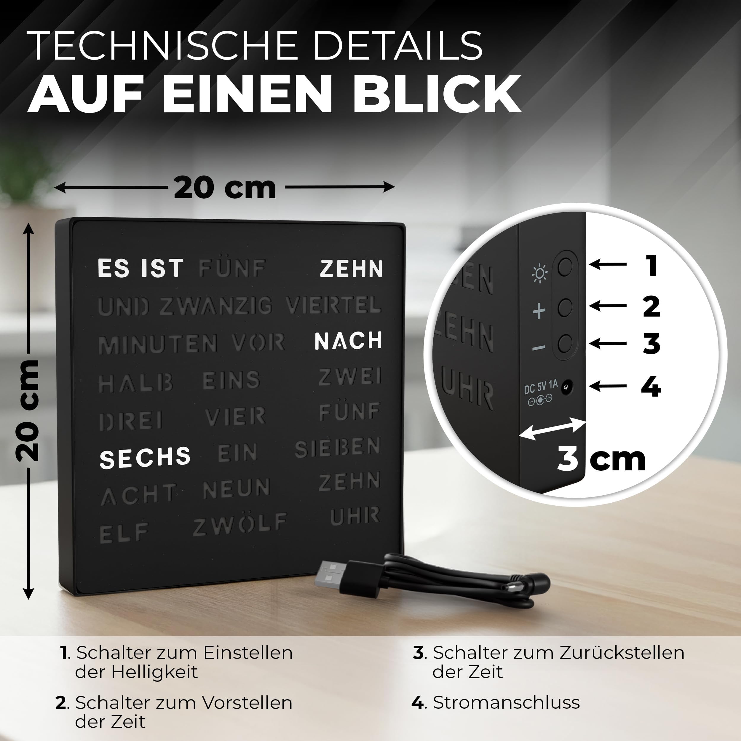 Bada Bing Horloge LED Noire avec Affichage du Mot Allemand - Horloge | en métal élégante avec câble USB - Horloge murale moderne - Horloge de table de qualité supérieure silencieuse à poser/à