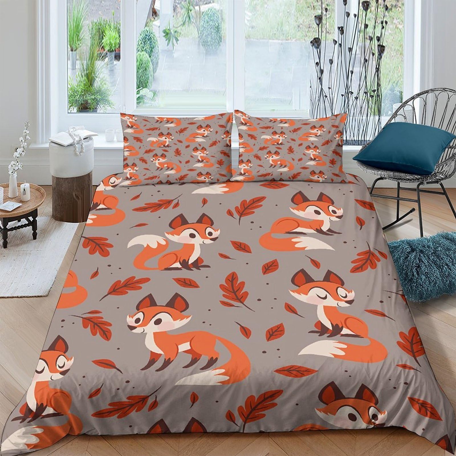 Ctjqhvkz Style-4 3D Printed Fox Pattern Fitted Sheet Microfiber Autumn Leaves Mattress Cover Anti-Slip Machine Washable Decorative For Bedroom Guest Room Single（135X200cm）