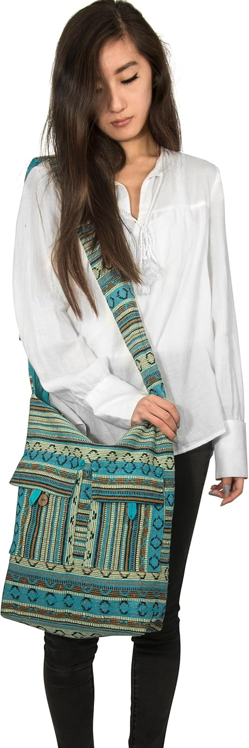 Tribe Azure Blue Aztec Canvas Large Hobo Cross body Shoulder Sling Slouch Casual Shopping Market Bag - Image 5