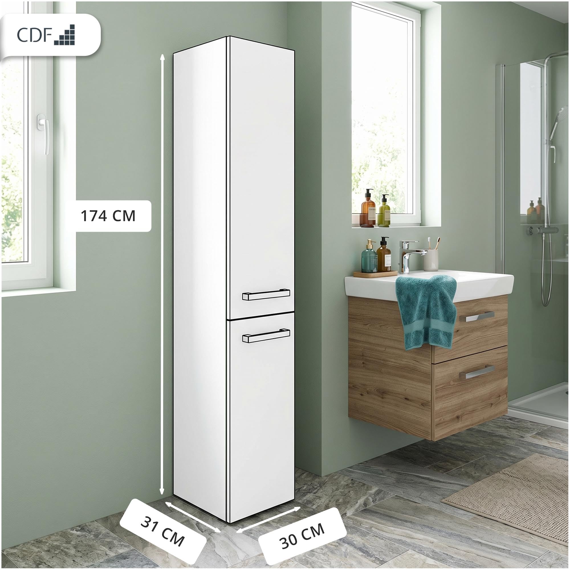 CDF Badezimmerschrank Badschrank Schmal Hoch, Bad-Hochschrank mit 1 Wäschekorb Breite: 31 cm, Badezimmermöbel Aufbewahrungsschrank für kleine Räume Badmöbel WC Eiche Artisan/Anthrazit 30x31x174 cm