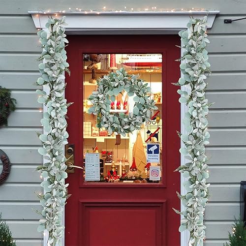 Miniatura 5 de SHACOS - Paquete de 2 unidades de 3.6 m de guirnalda artificial de orejas de cordero con hojas de helecho de eucalipto, guirnalda de vegetación