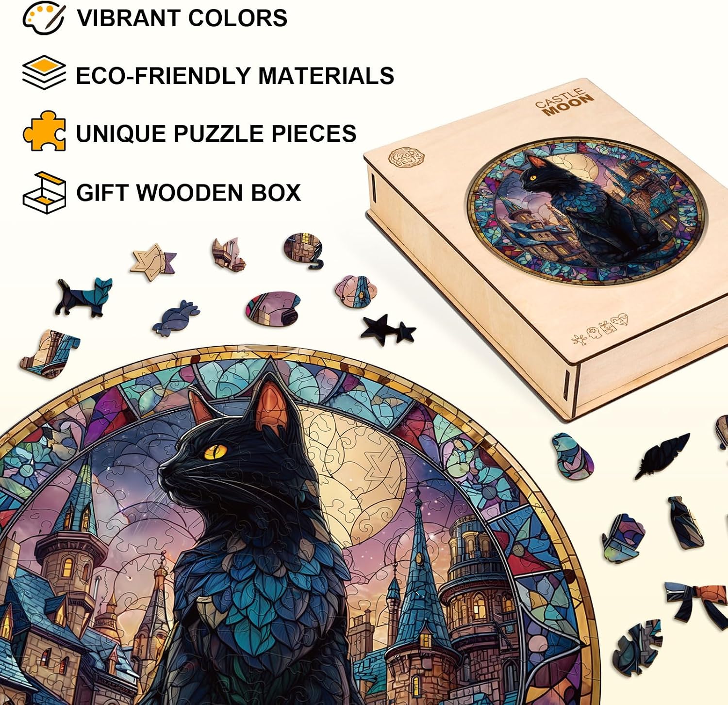 Wooden Puzzles for Adults, Wooden Castle Black Cat Puzzle, Wooden Jigsaw Puzzles for Adults, Birthday for Puzzle Lover (M - 11.4 × 11.4 in - 200 pcs)