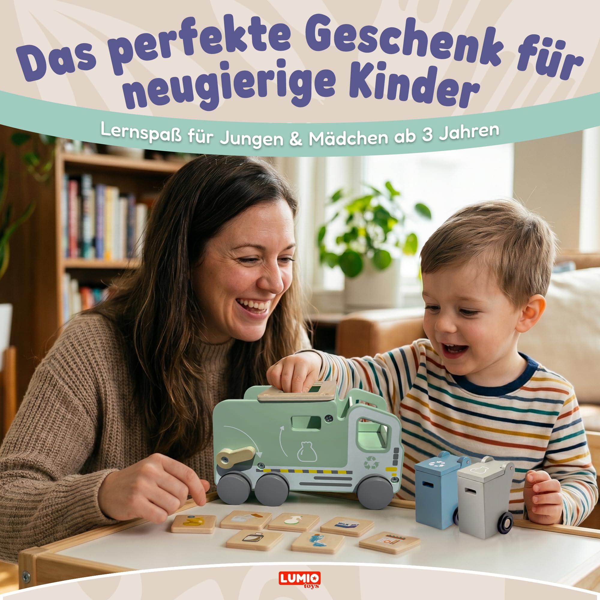 Montessori Müllauto Holz ab 3 Jahren – Müllwagen Lernspielzeug – Müllabfuhr Set mit Mülltonnen & Karten zur Mülltrennung – Motorikspielzeug & Geschenk für Junge & Mädchen 3 4 5 Jahre
