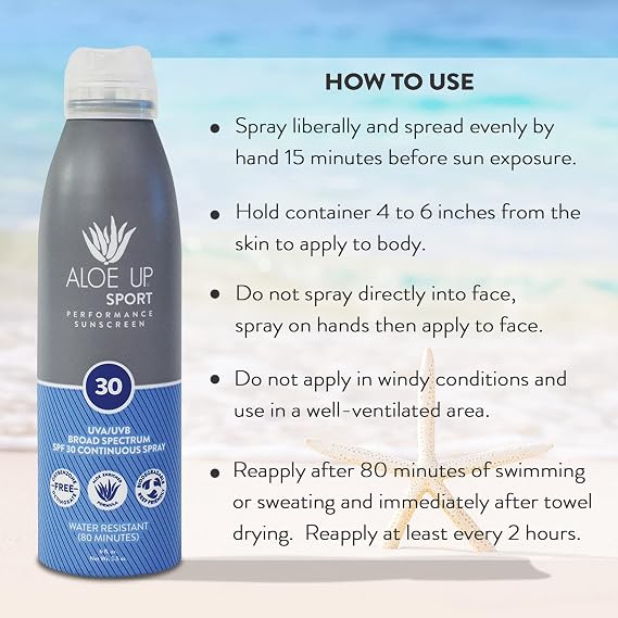 Aloe Up Sport Spray Sunscreen SPF 30 Broad Spectrum Sunblock with Hydrating Aloe Vera Gel Fast Absorbing, No White Cast, Water Resistant up to 80 Minutes, Fragrance Free 6 Oz