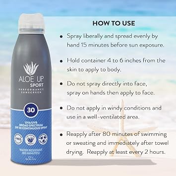 Aloe Up Sport Spray Sunscreen SPF 30 Broad Spectrum Sunblock with Hydrating Aloe Vera Gel Fast Absorbing, No White Cast, Water Resistant up to 80 Minutes, Fragrance Free 6 Oz