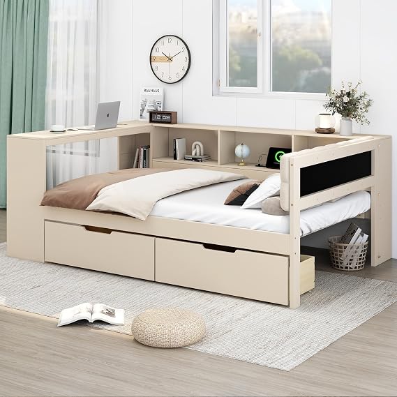 Bellemave Full Size Corner Bed Frame with Storage Drawers and Desk,Captain Daybed with L-Shaped Bookcase,Corner Bed Frame Full Size with Charging Station for Kids,Teens,Guests,Cream