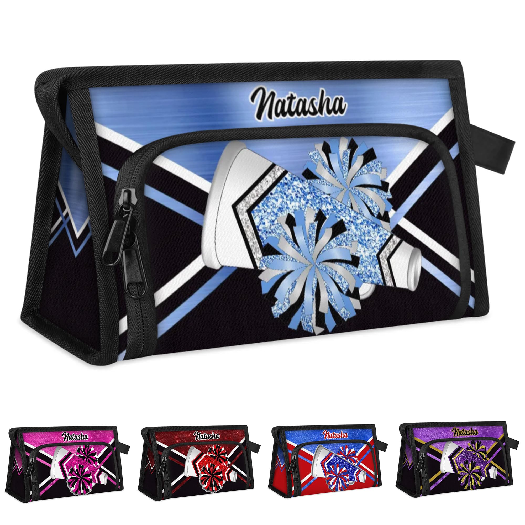 RIRIX Personalized-Cheerleader-Gifts for Girls, Custom-Makeup-Bag for Cheerleader, Travel Make up Bag Cosmetic Bag Toiletry Bag Organizer, Gifts for Cheerleader Girls Blue Glitter Cheer