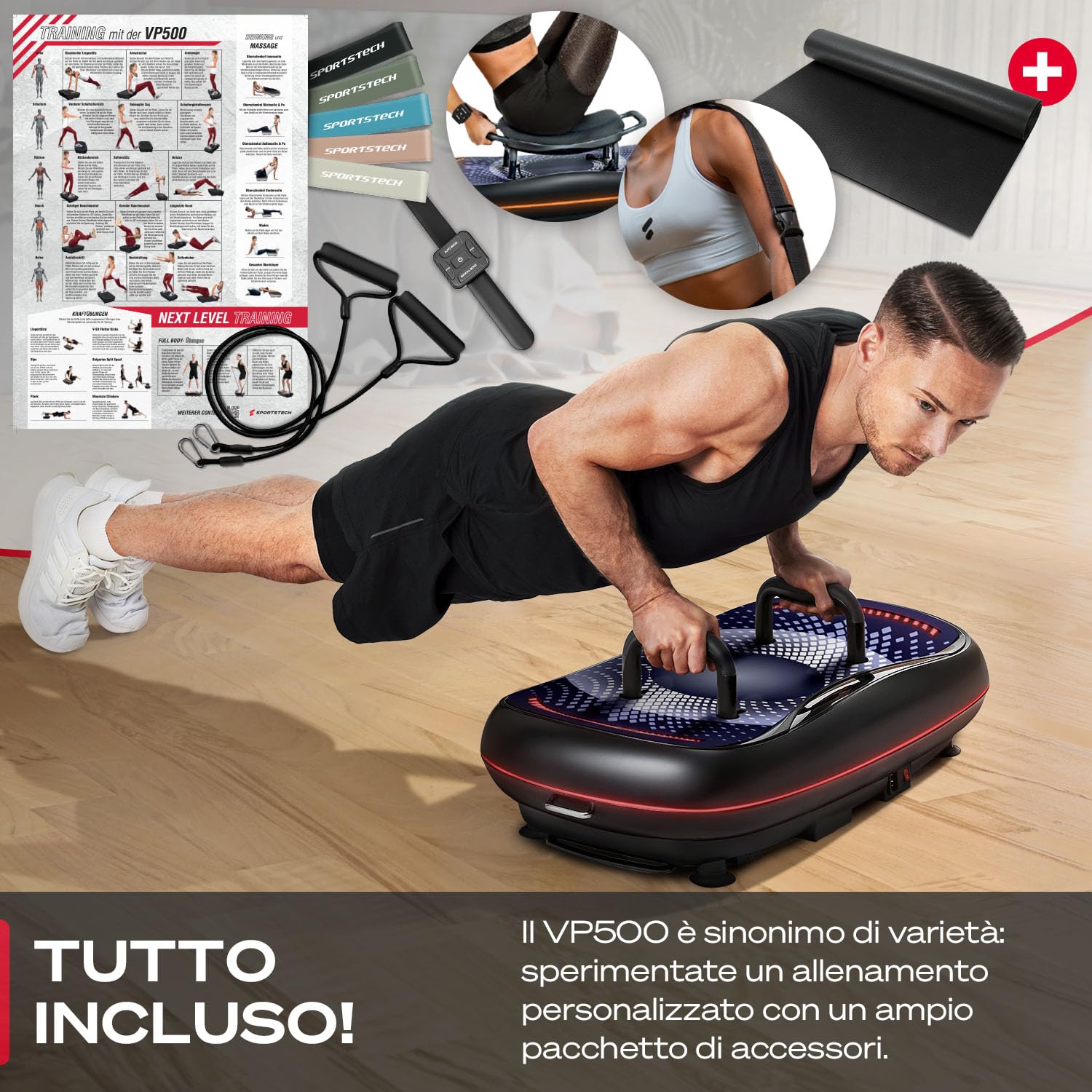 Sportstech Piastra vibrante 4D Premium | Smart LED I 3 motori silenziosi I Next-Level Training con sedile, maniglie per flessioni ecc. Display Color Touch + Bluetooth I Fitness & Yoga per la casa |