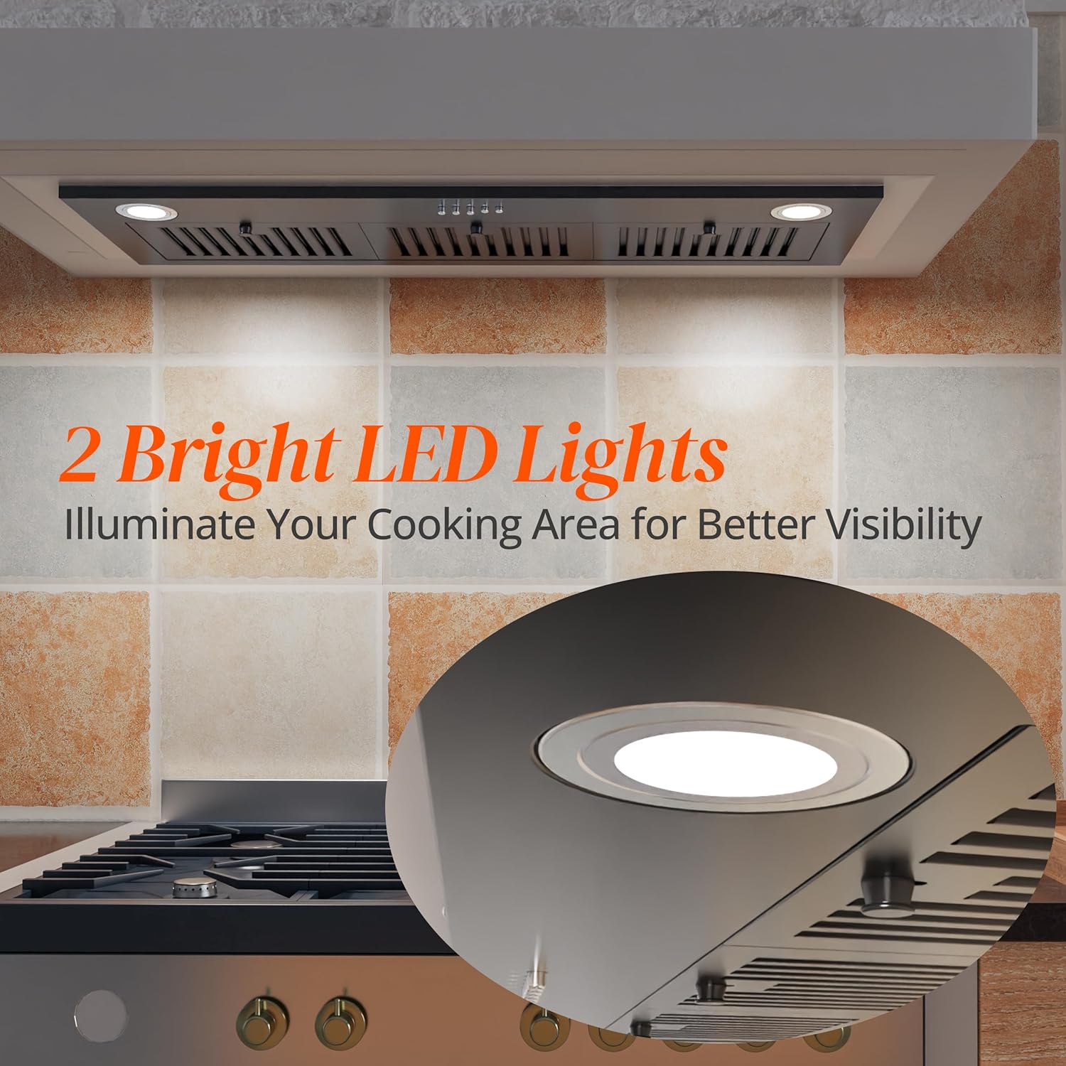 FIREGAS range hood insert installed in a kitchen cabinet