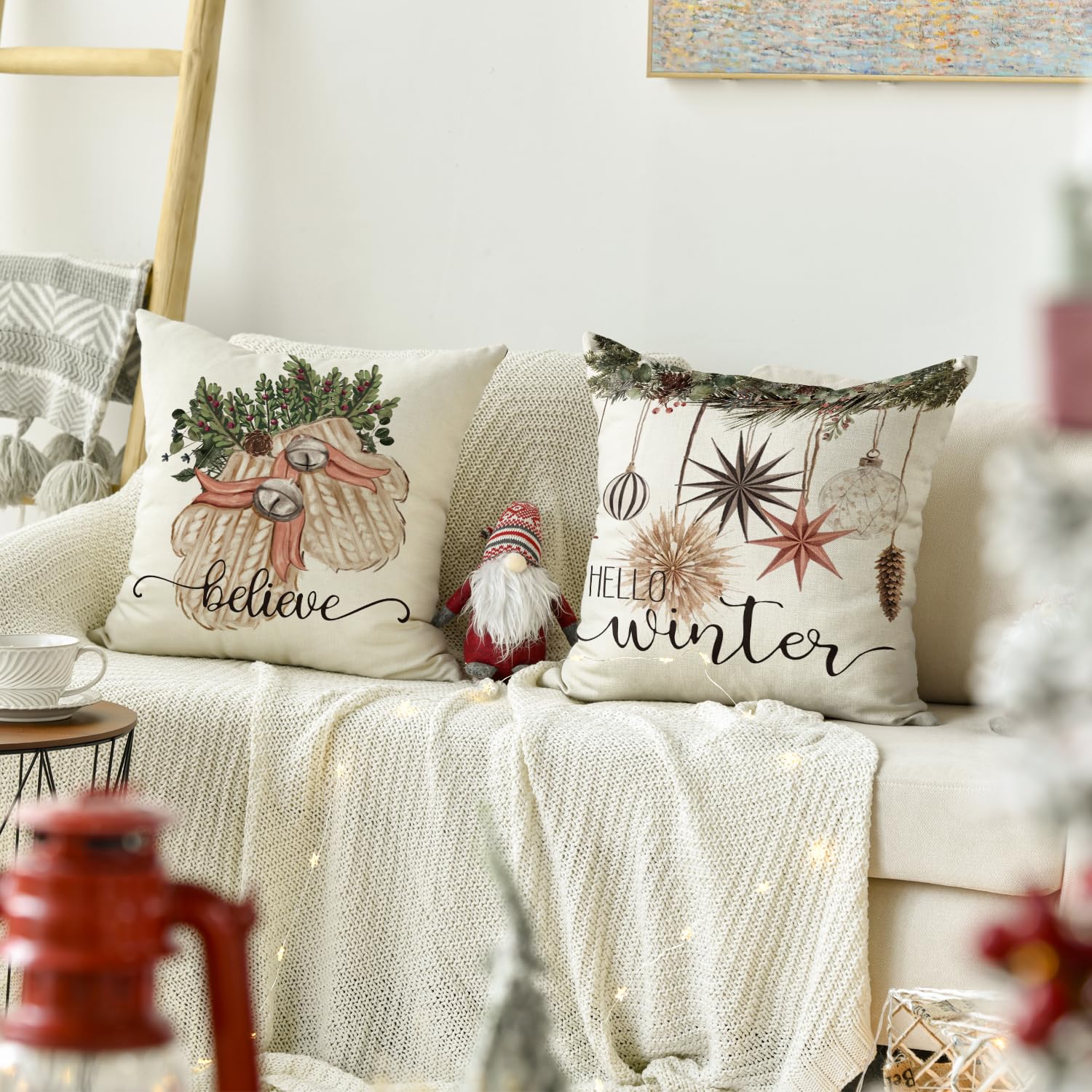 AVOIN Colorlife Christmas Pillow Covers – Set Of 4, 20x20 Inch – Eucalyptus & Holly Berry Red Stripe Design – For Sofa Couch Decor
