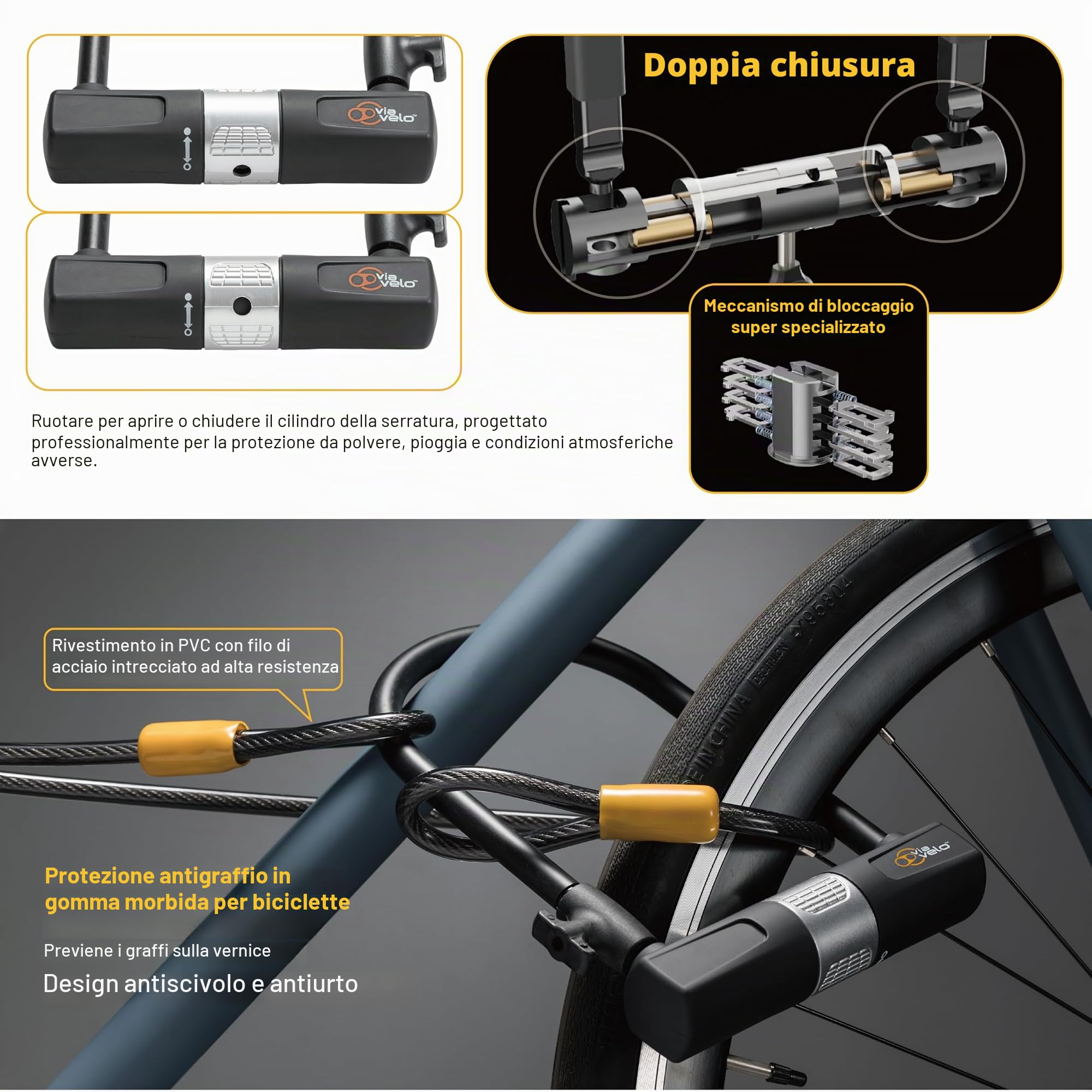 Via Velo Lucchetto per Bici a U Ansa di 14 mm e Cavo di 10 mm / 1,8 m con Supporto di Montaggi