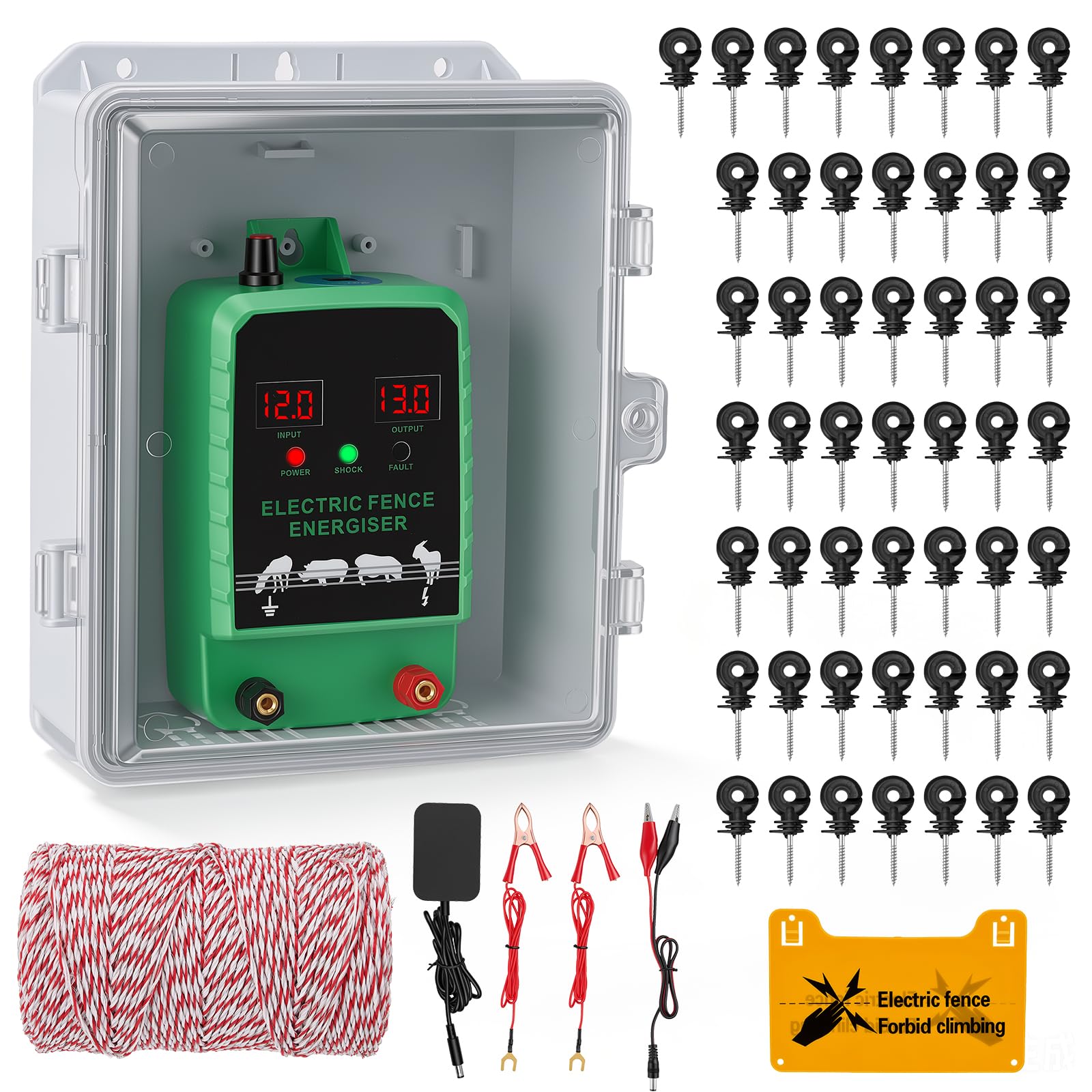 Elettrificatore per recinzioni elettriche, 3 alimentatori, 8–13 kV regolabile, portata fino a 10 km, IP45, set completo per aziende agricole e pascoli.