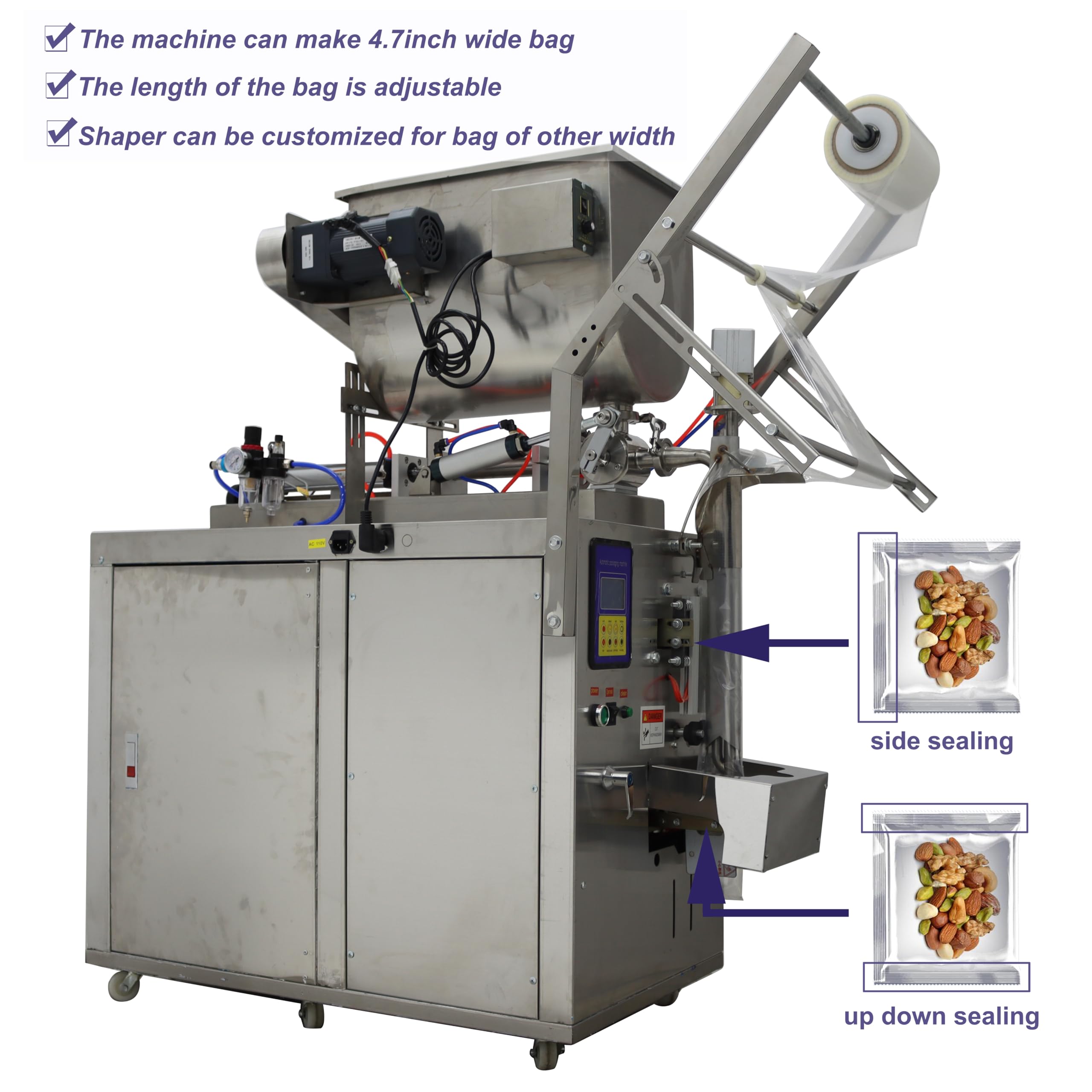 PreAsion Automatic Liquid Paste Filling Packaging Bag Sealing Machine 30-300ml with Mix Hopper for Vinegar Sauce Salsa Sauce Stainless Steel Three Sides Sealing 4.7inch Wide