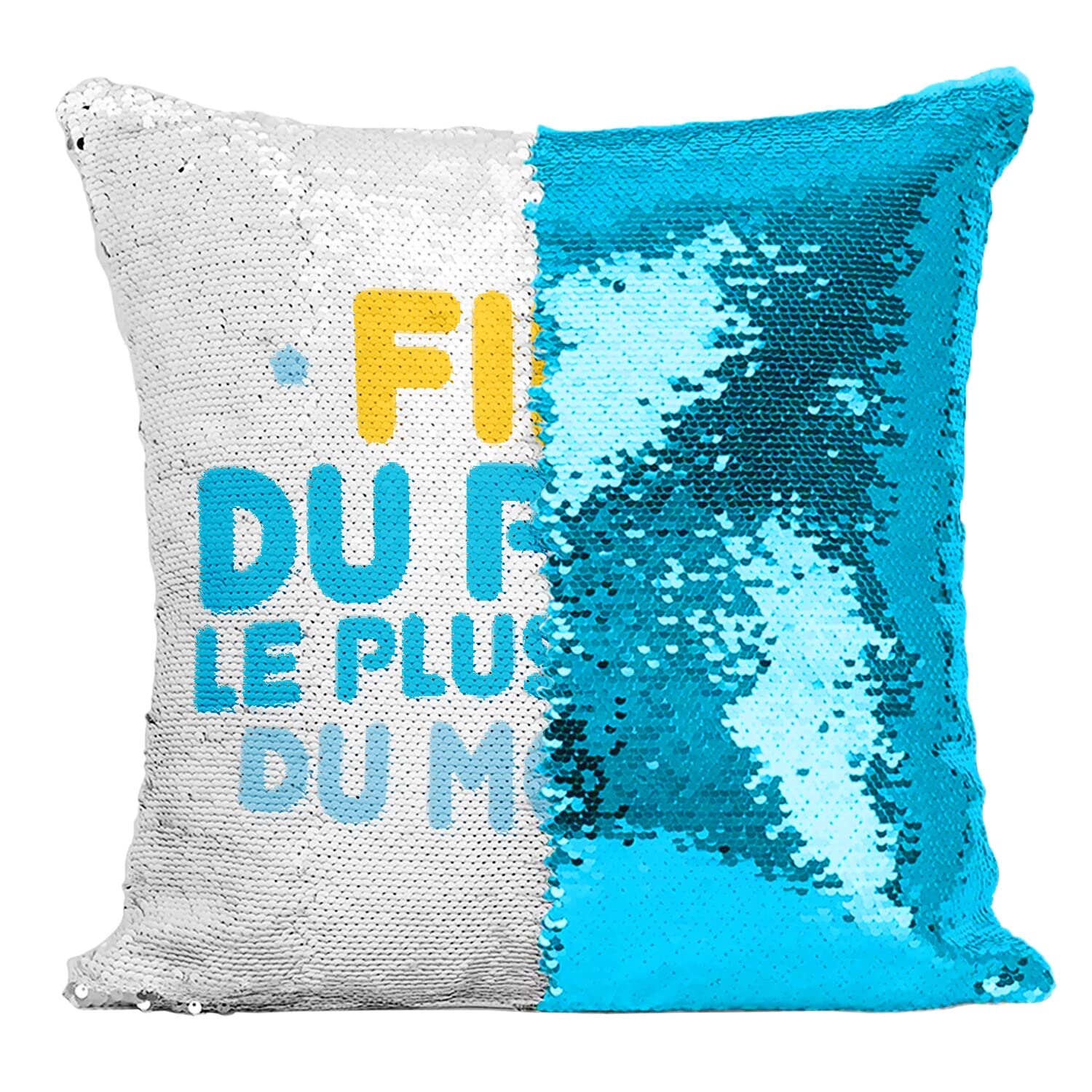 Coussin sequin turquoise paillettes imprimé Fils du Papa Le Plus Fort