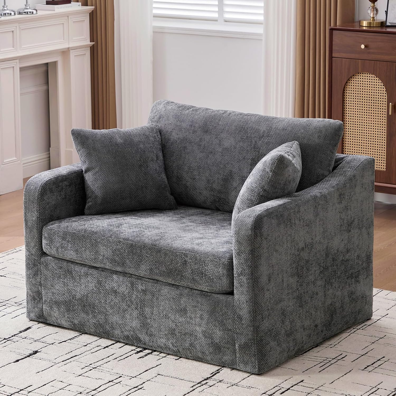 45.2" Wide Oversized Armchair, Chenille Upholstered Accentchair with Metal Legs, Modern Loungechair with Pillows, Mid-Century Reading Chair for Living Room (Charcoal, Sofa Chair)