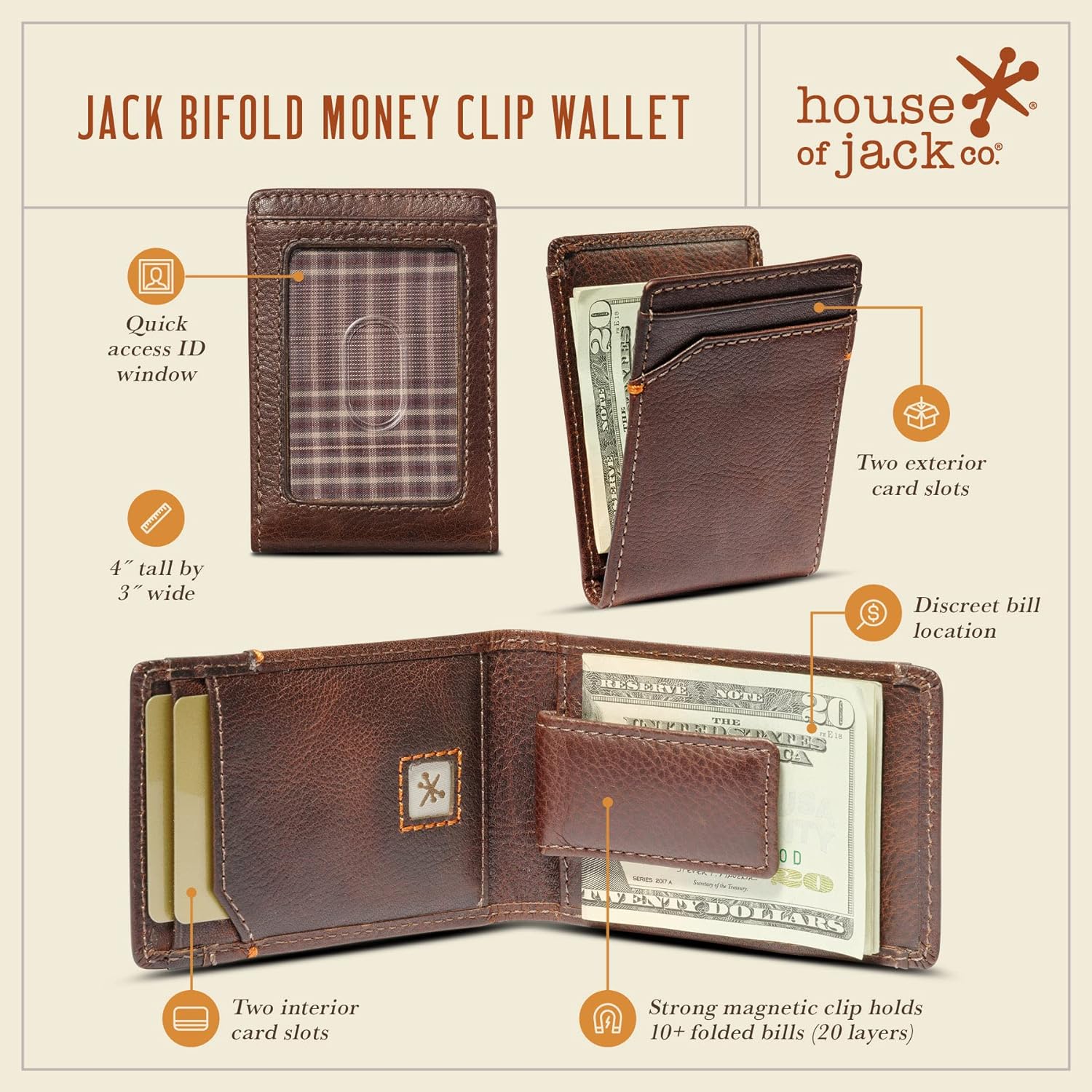 House of Jack Co. Jack Bifold Money Clip Wallet for Men, Slim Front Pocket Wallet with Strong Interior Magnetic Clip, Ideal Gift for Men, Exterior ID Window, Full Grain Cowhide, Brown - Image 4