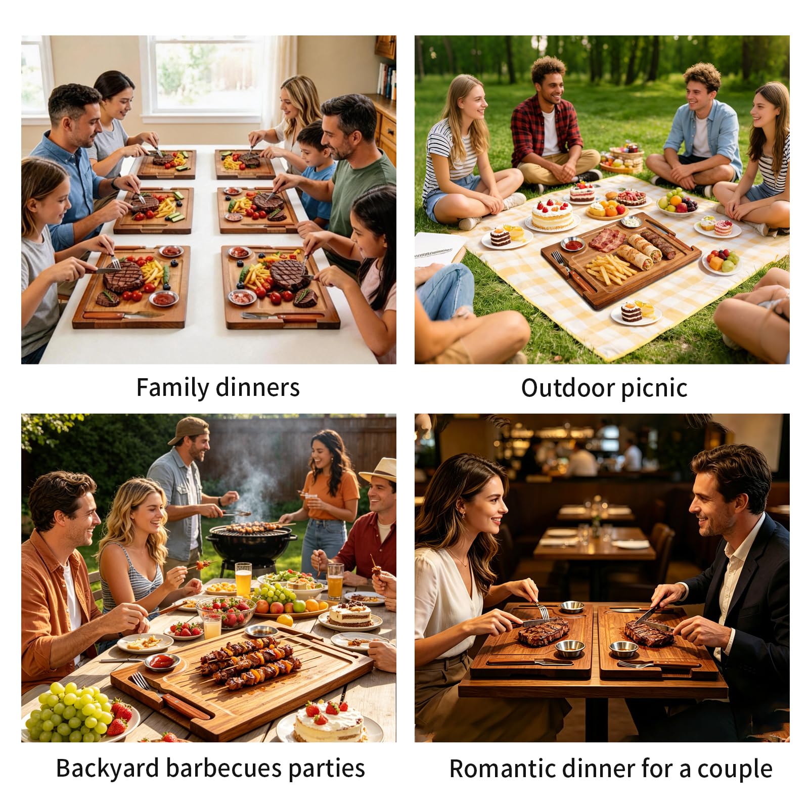Steakbrett aus Akazienholz, wendbar, Charcuteriebretter, Schneidebrett-Set mit Gabel, Messer und 2 SUS304 Auflaufförmchen, 39,9 cm, Holz-Servierbrett für Zuhause, Grillen, Geschenk für Damen und