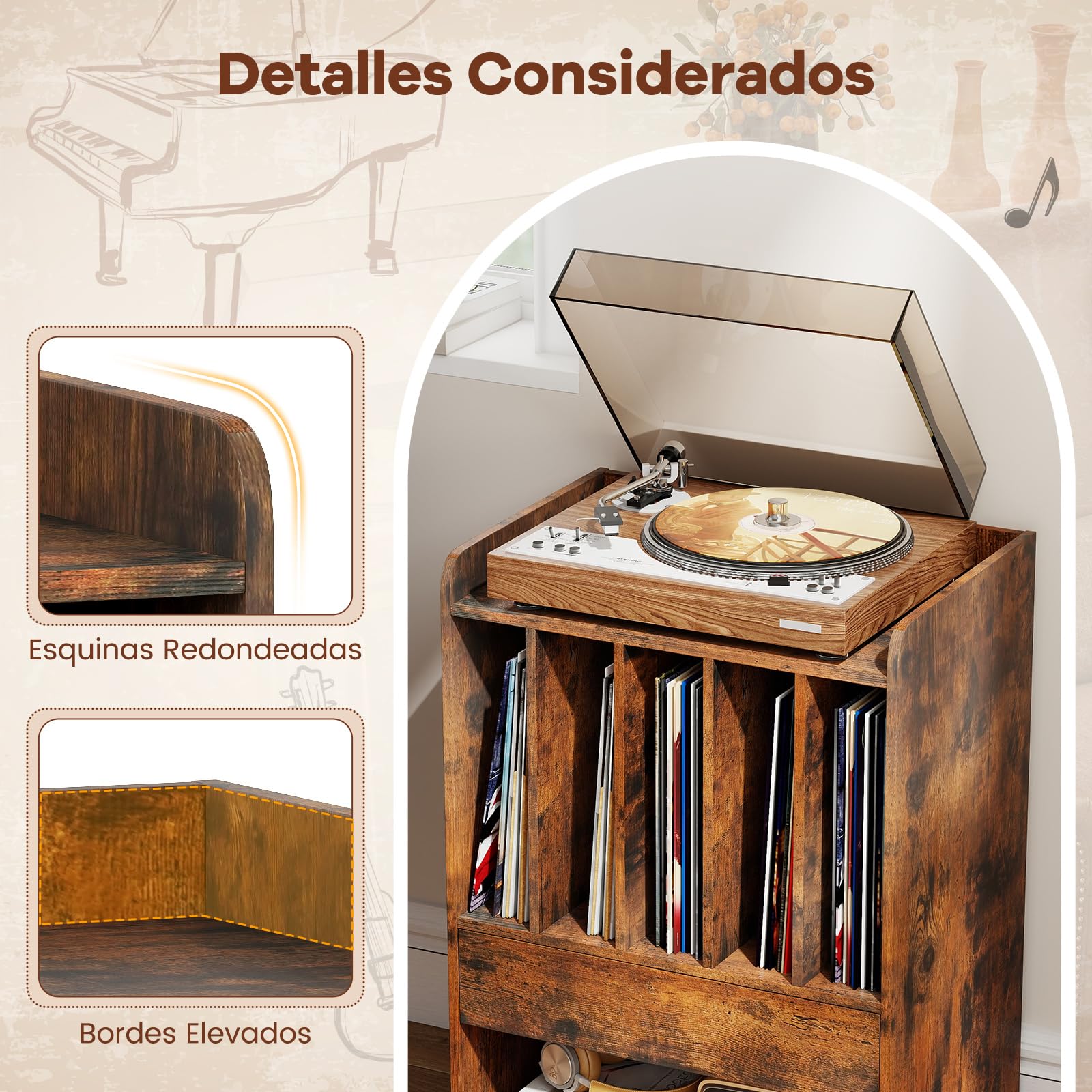 COSTWAY Soporte para Tocadiscos con Ruedas, Mueble para Discos de Vinilo con 5 Compartimentos, Cajón y Estante Abierto, Mesa Auxiliar para Tocadiscos para Salón, Oficina, 52 x 35,5 x 73 cm (Marrón)
