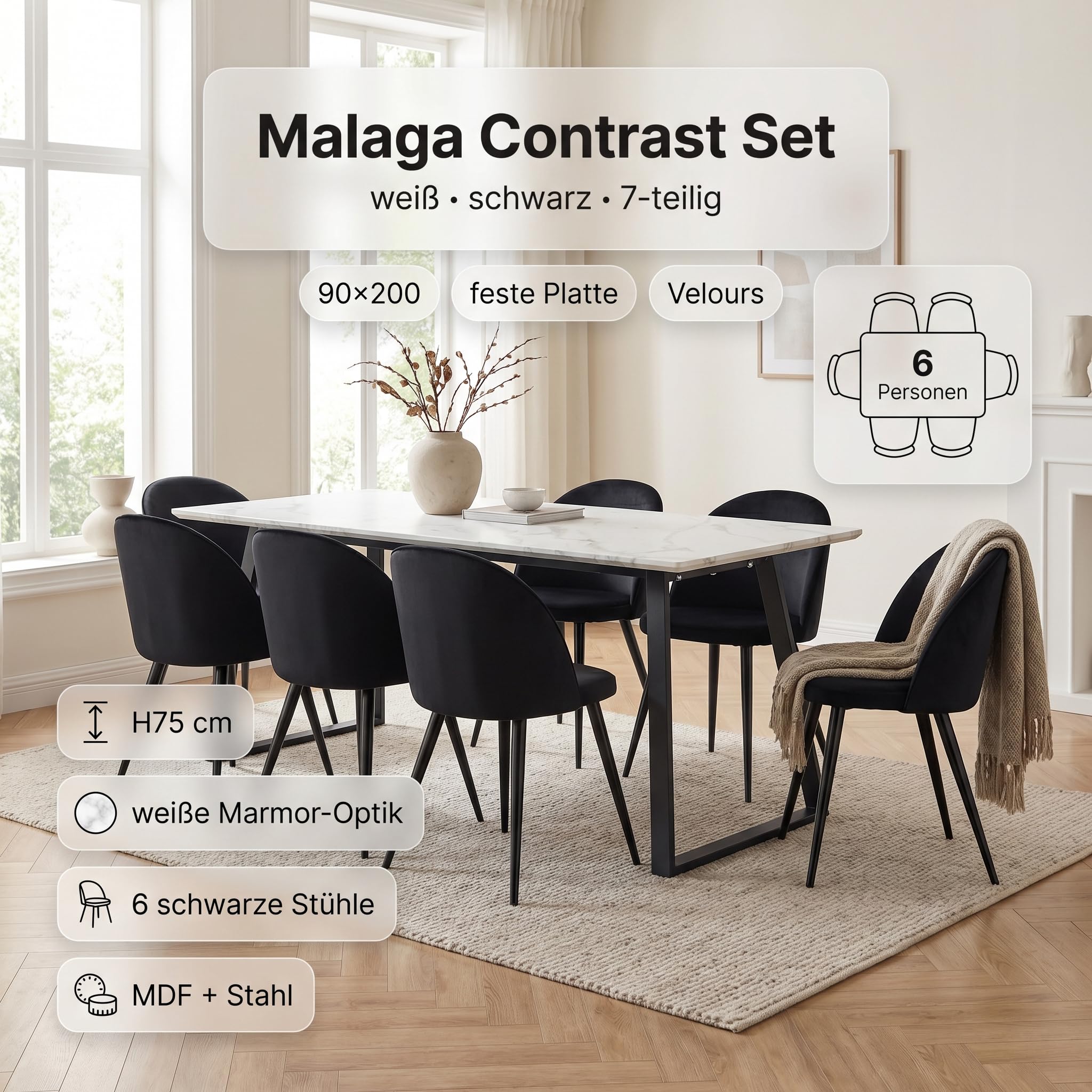 Essgruppe mit 6 Stühlen - Malaga Esstisch 90x200 cm Weiß mit 6 Skagen Stühlen Schwarz Velours skandinavisch Esszimmerset Tischgruppe 6 Personen Skandi Design Essbereich