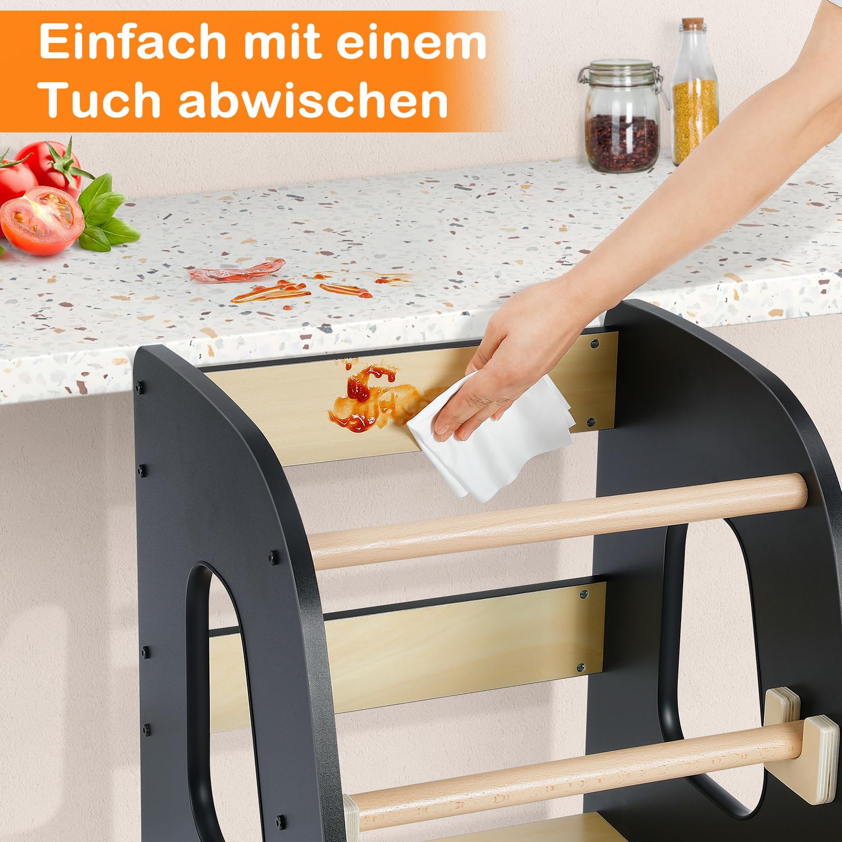 Lernturm ab 1 Jahr, 3 Stufen Höhenverstellbarer Lernturm, Sicher & Stabil, Montessori Küchenhelfer und Learning Tower, Stylisch Kippschutz Höchste Sicherheit (Schwarz)