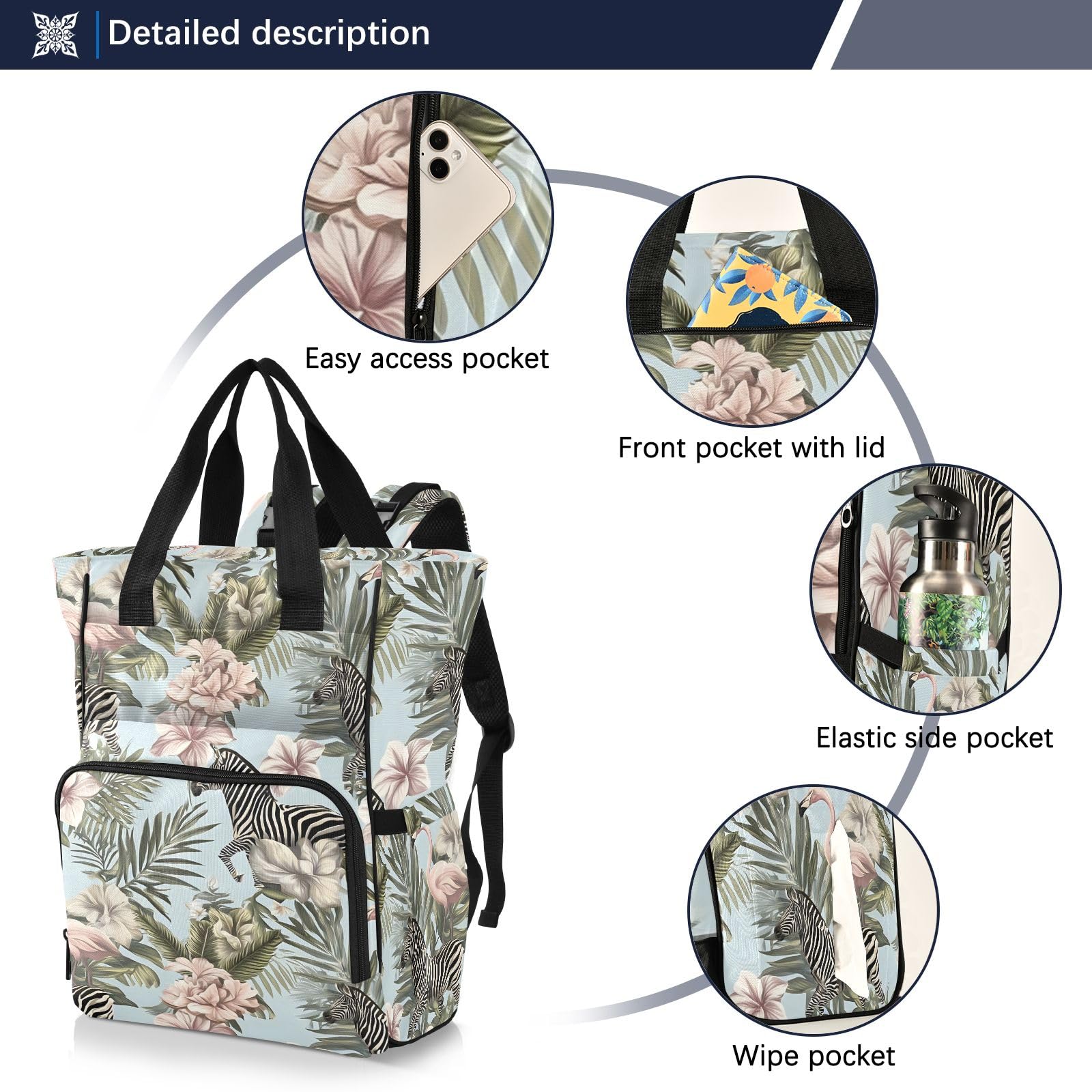 Mnsruu Ffyy6_tropical_jungle_themed_decorative_pattern_featuring_zebra_ab256bc0-34b2-42b9-9aef-f7c66c4fa2de Borsa per pannolini per bambini zaino grande borsa impermeabile da viaggio borse per