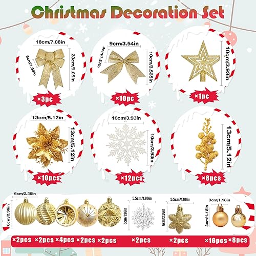 Miniatura 2 de Juego de decoración para árbol de Navidad, 88 piezas de adornos de Navidad dorados con bolas de adornos de Navidad de oro blanco, flores de Pascua