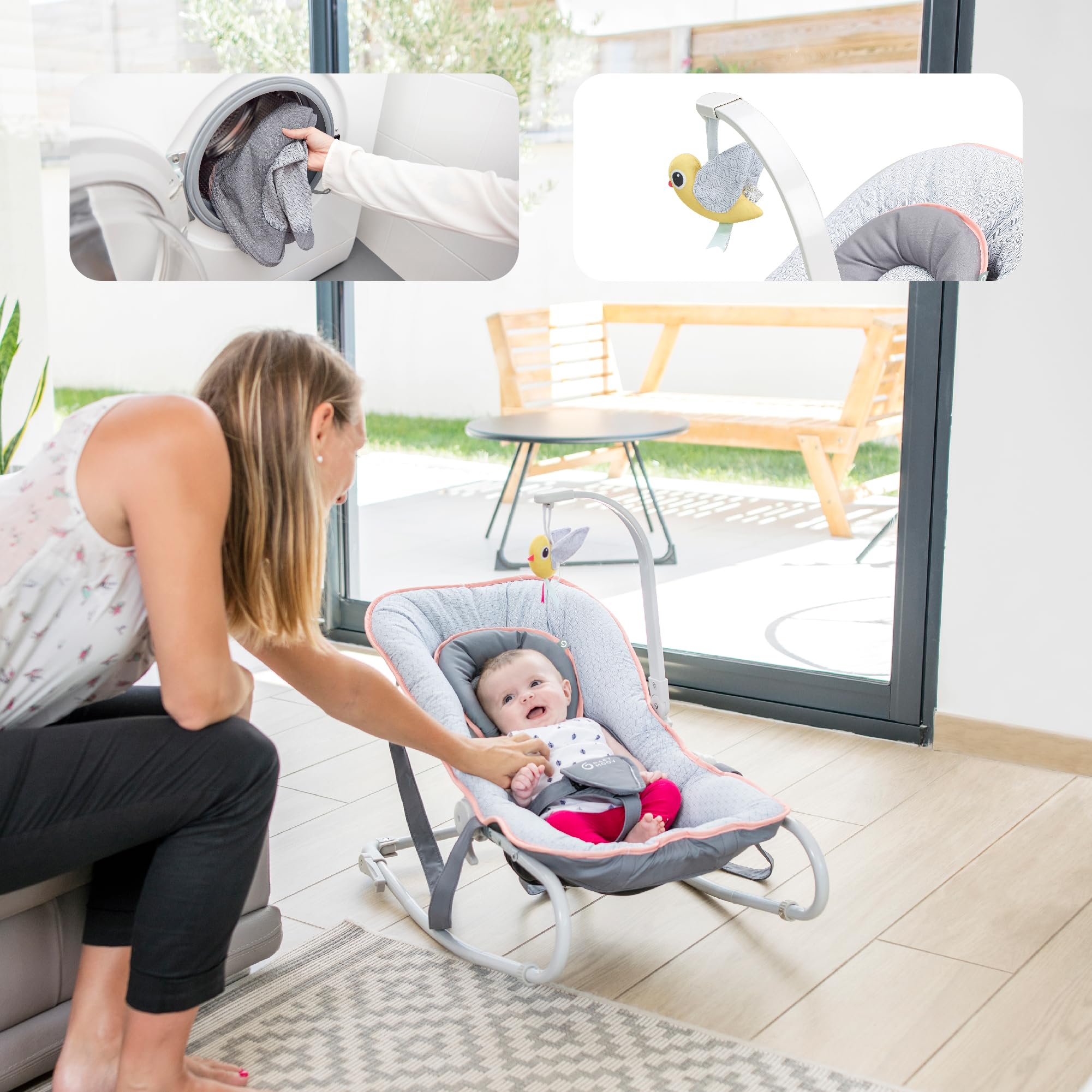 Babymoov Babywippe Graphik Peach, 5-fach verstellbare Rückenlehne, abnehmbarer Spielbogen